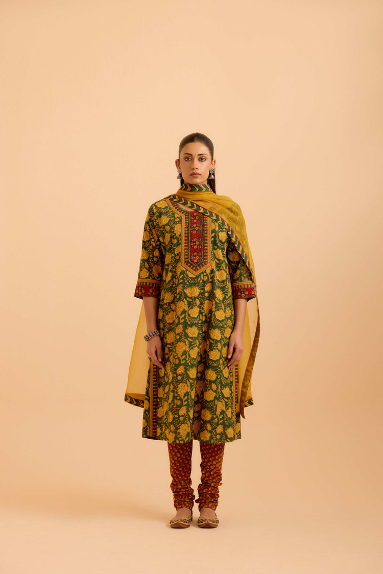 Rozana Cotton Printed Kurta Green Mustard (Set Of 3)
