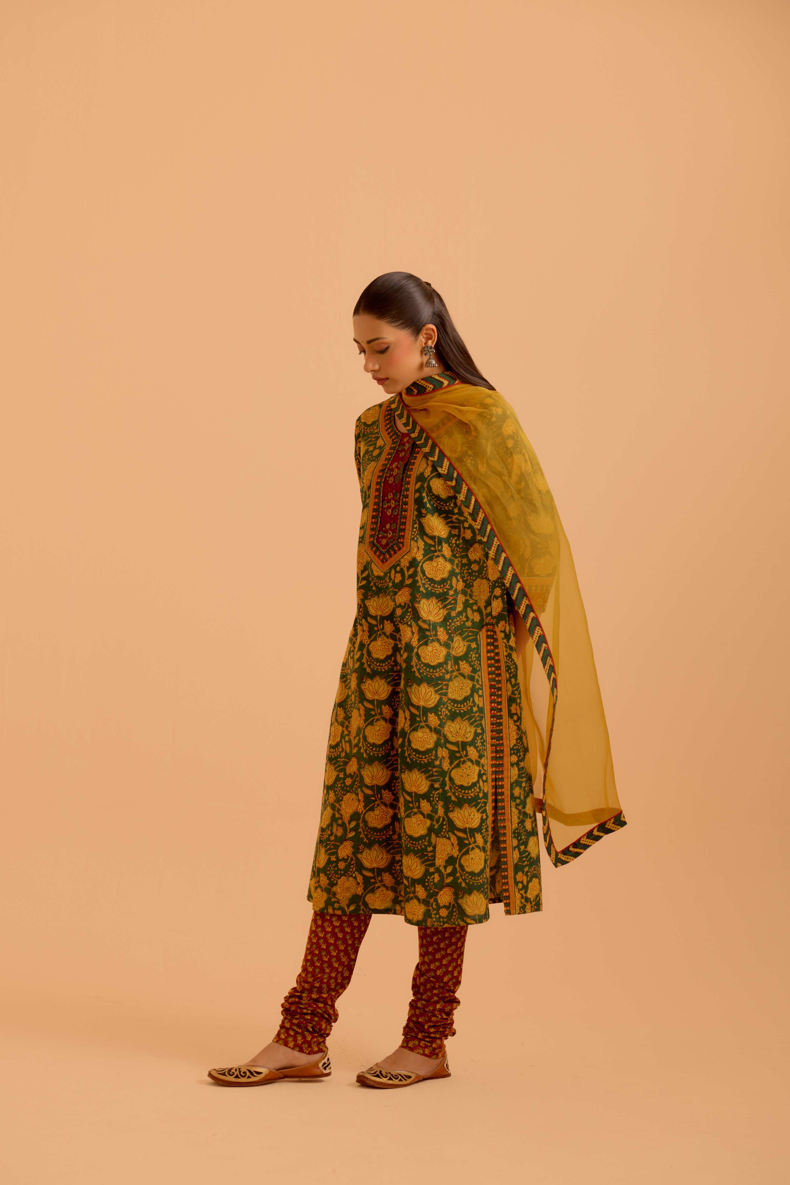 Rozana Cotton Printed Kurta Green Mustard (Set Of 3)