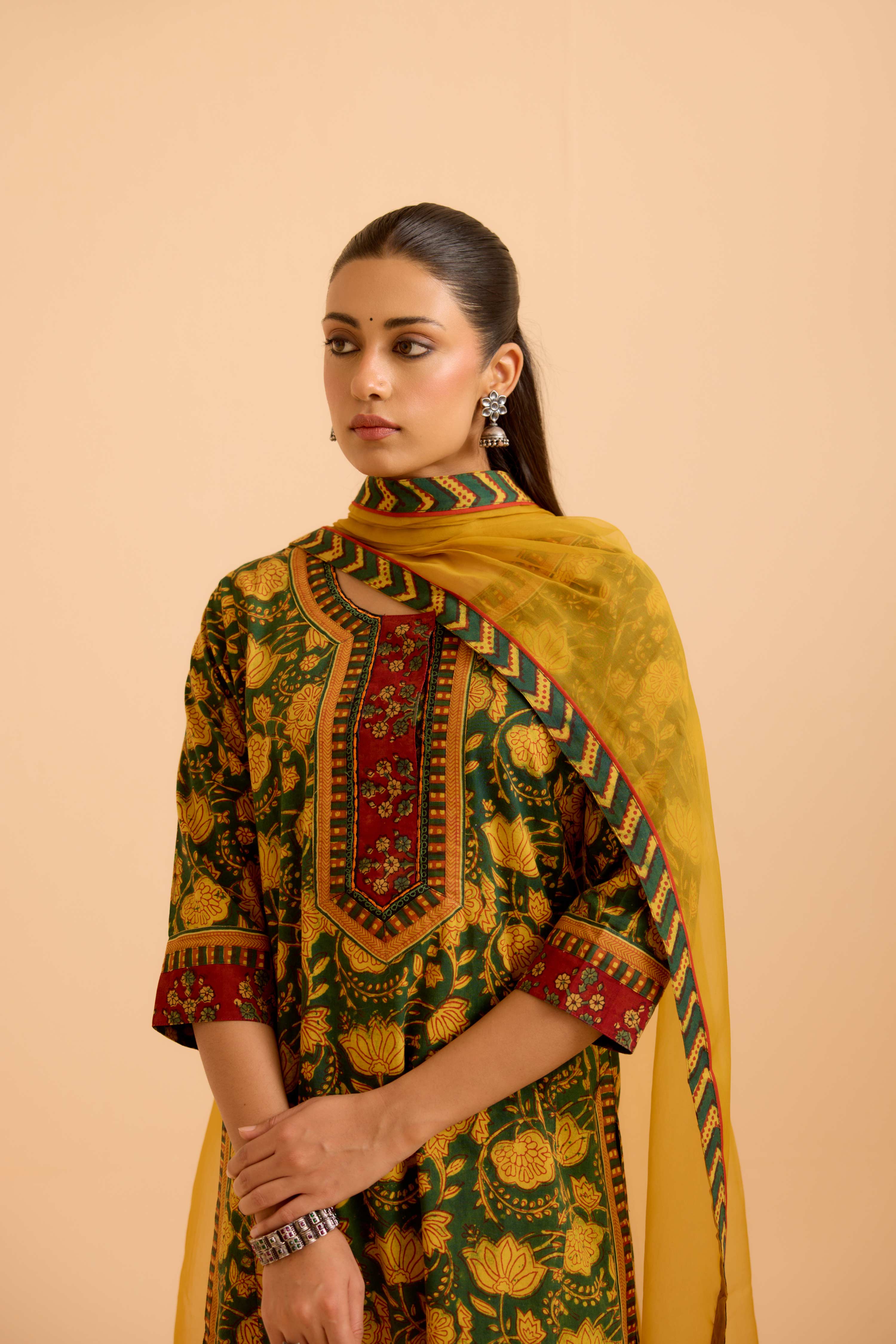 Rozana Cotton Printed Kurta Green Mustard (Set Of 3)