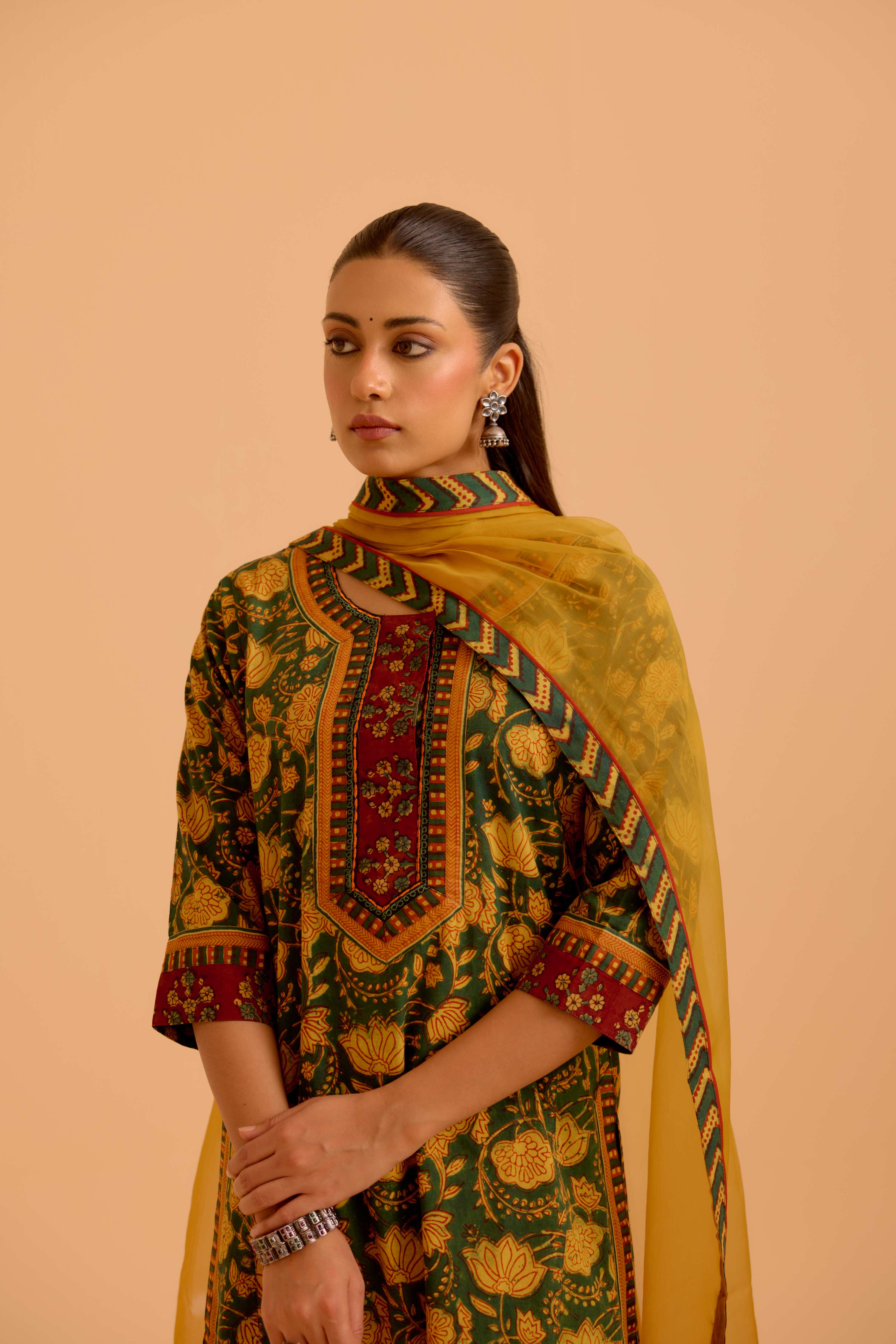 Rozana Cotton Printed Kurta Green Mustard (Set Of 3)