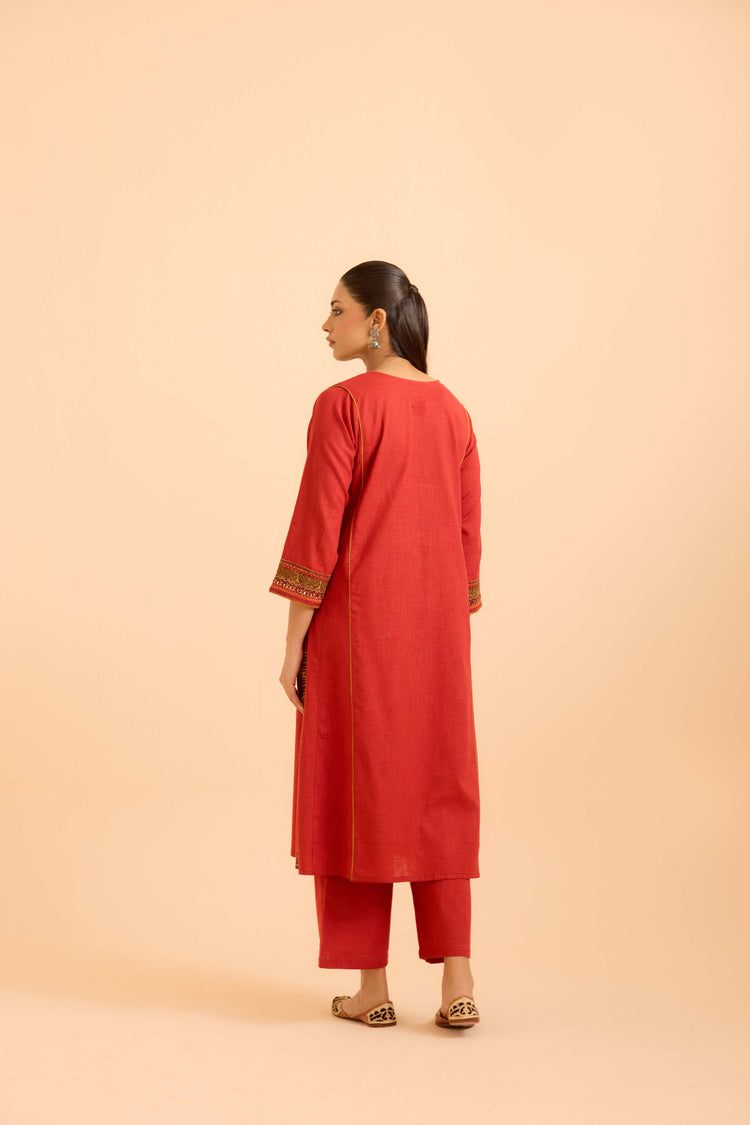 Tulsi Cotton Slub  Embroidered Kurta Red