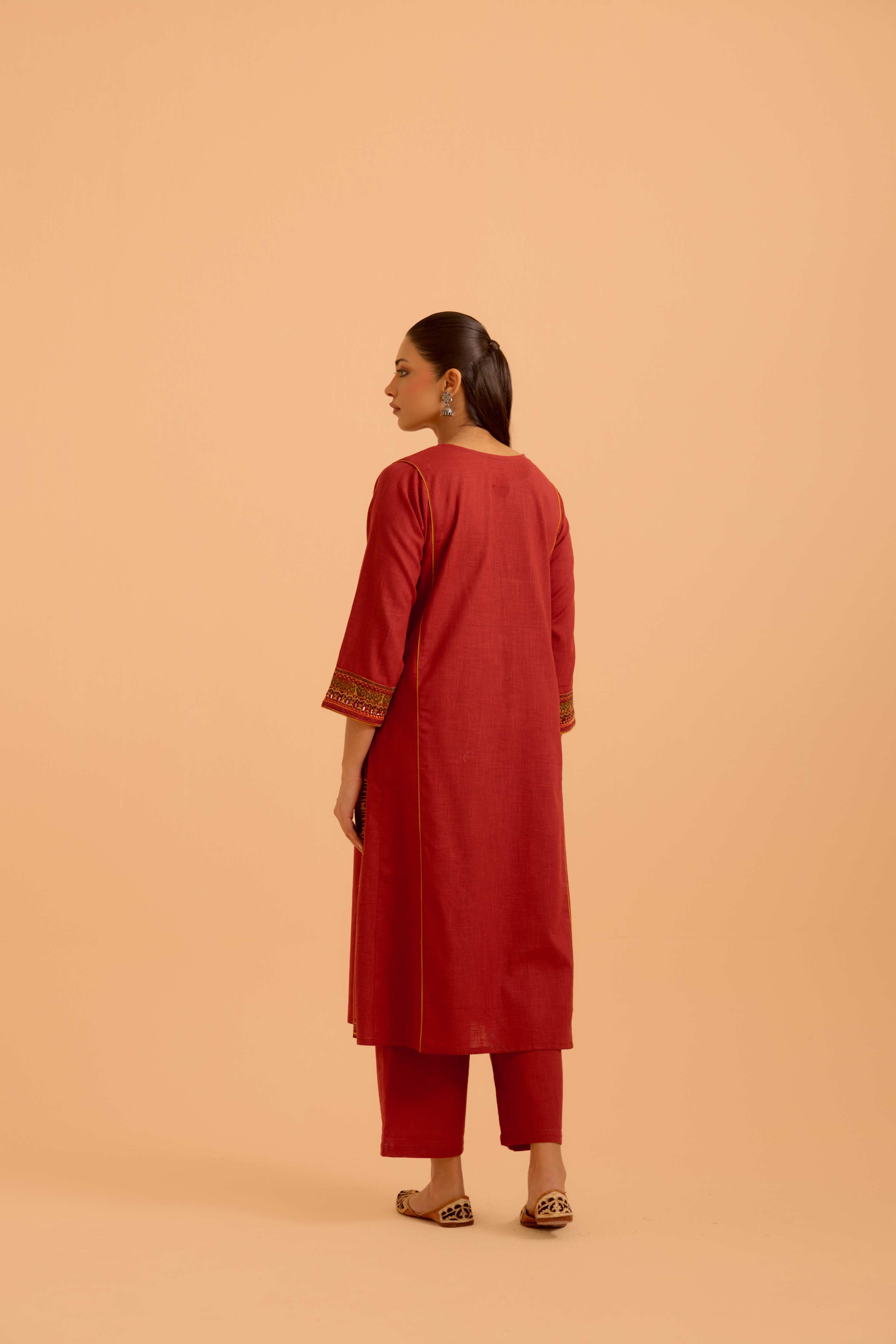 Tulsi Cotton Slub  Embroidered Kurta Red