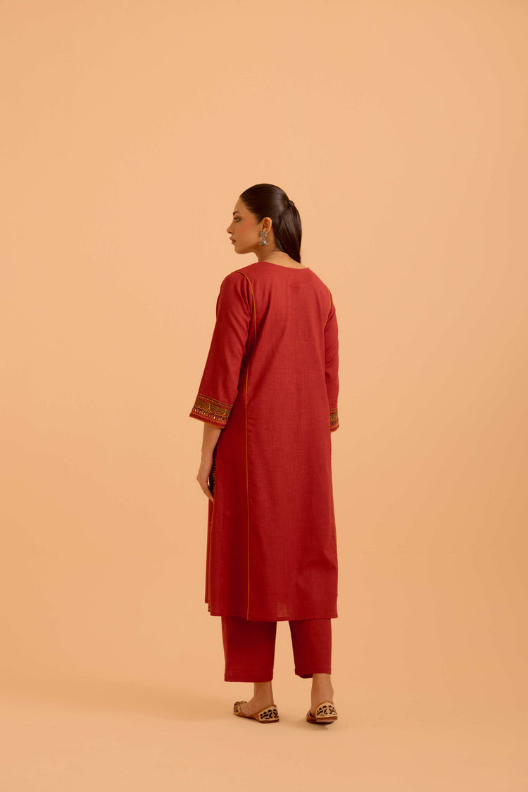 Tulsi Cotton Slub  Embroidered Kurta Red