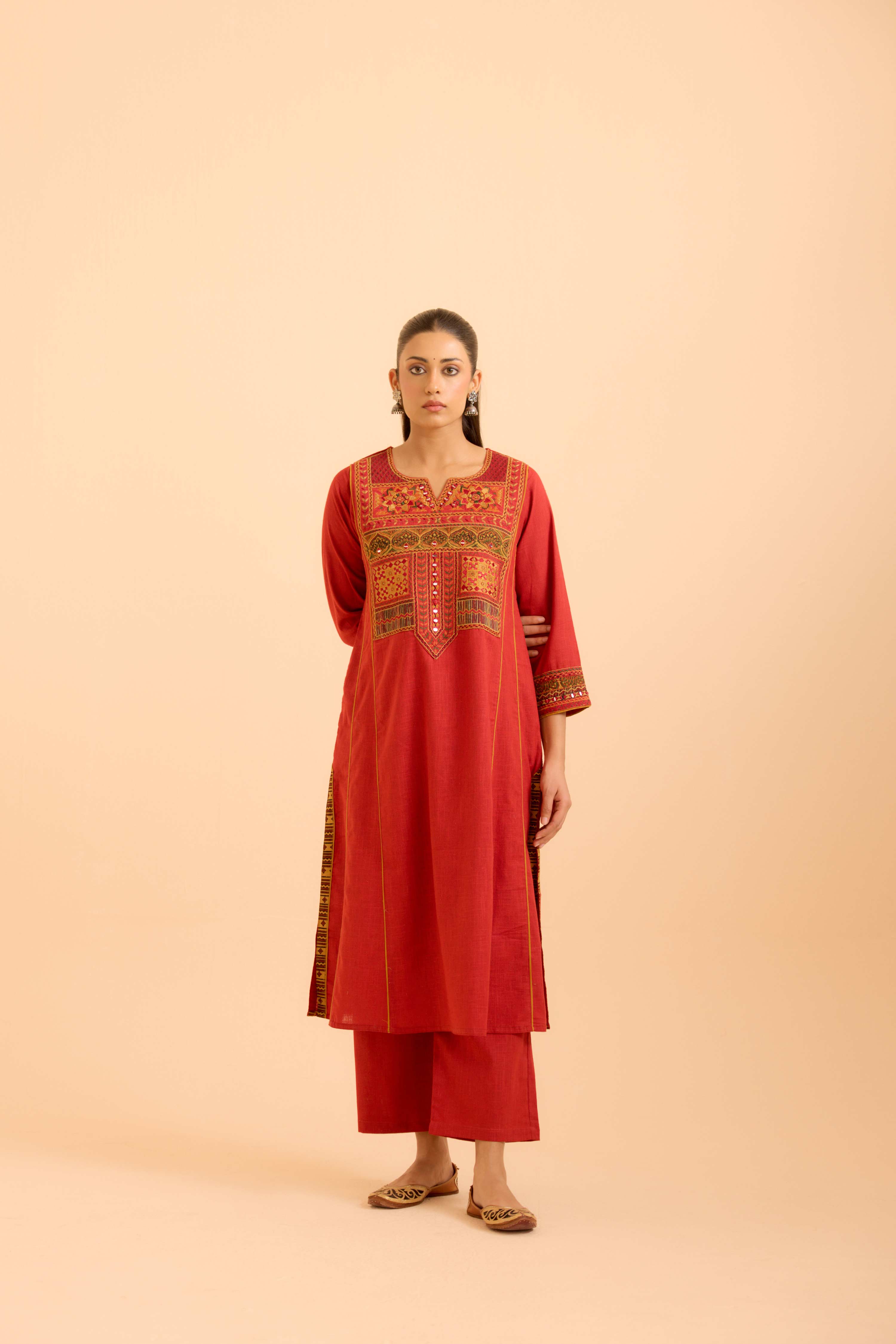 Tulsi Cotton Slub  Embroidered Kurta Red