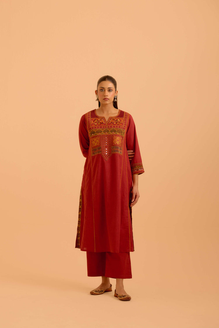 Tulsi Cotton Slub  Embroidered Kurta Red