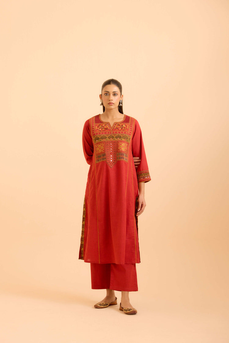 Tulsi Cotton Slub  Embroidered Kurta Red