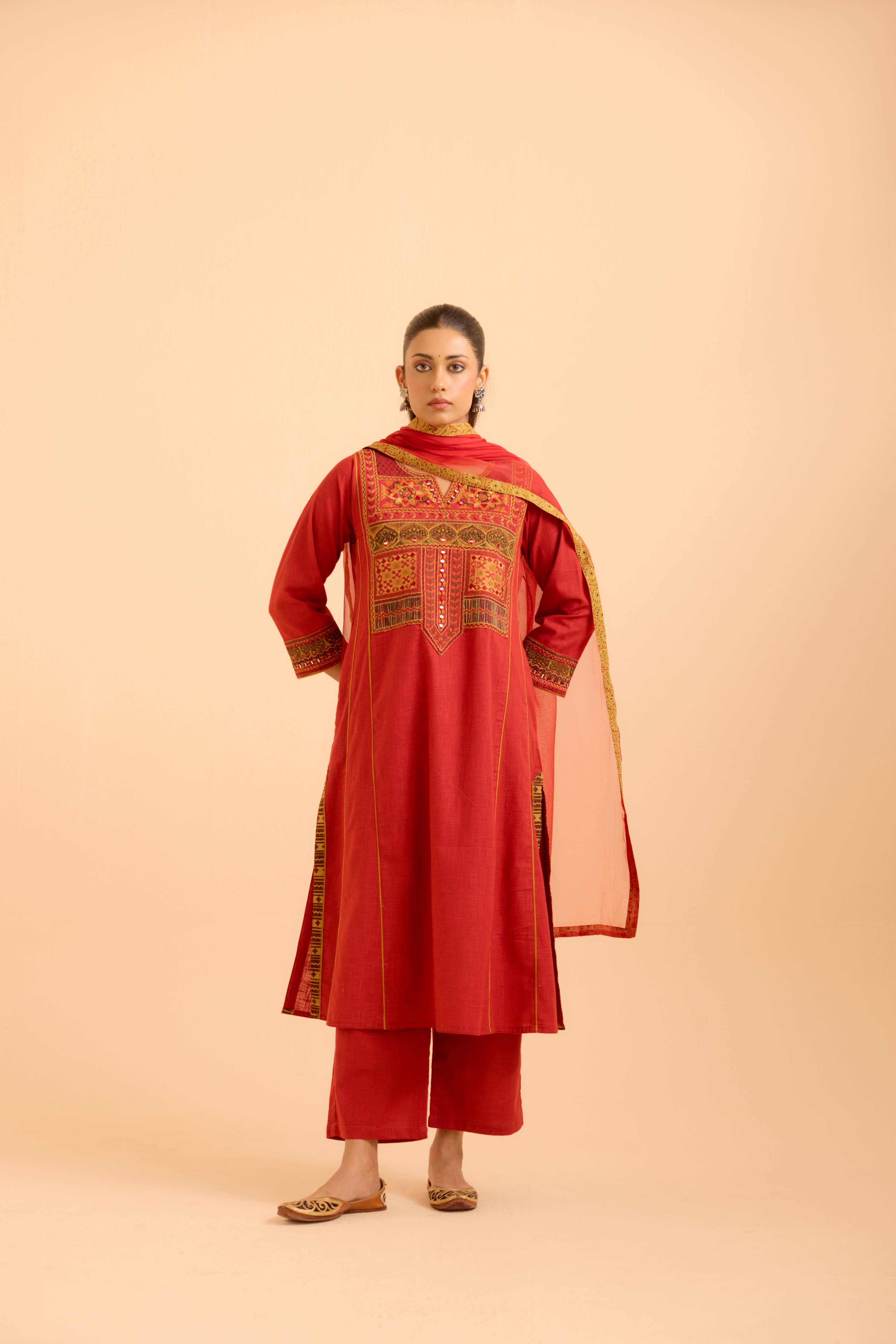 Tulsi Cotton Slub  Embroidered Kurta Red