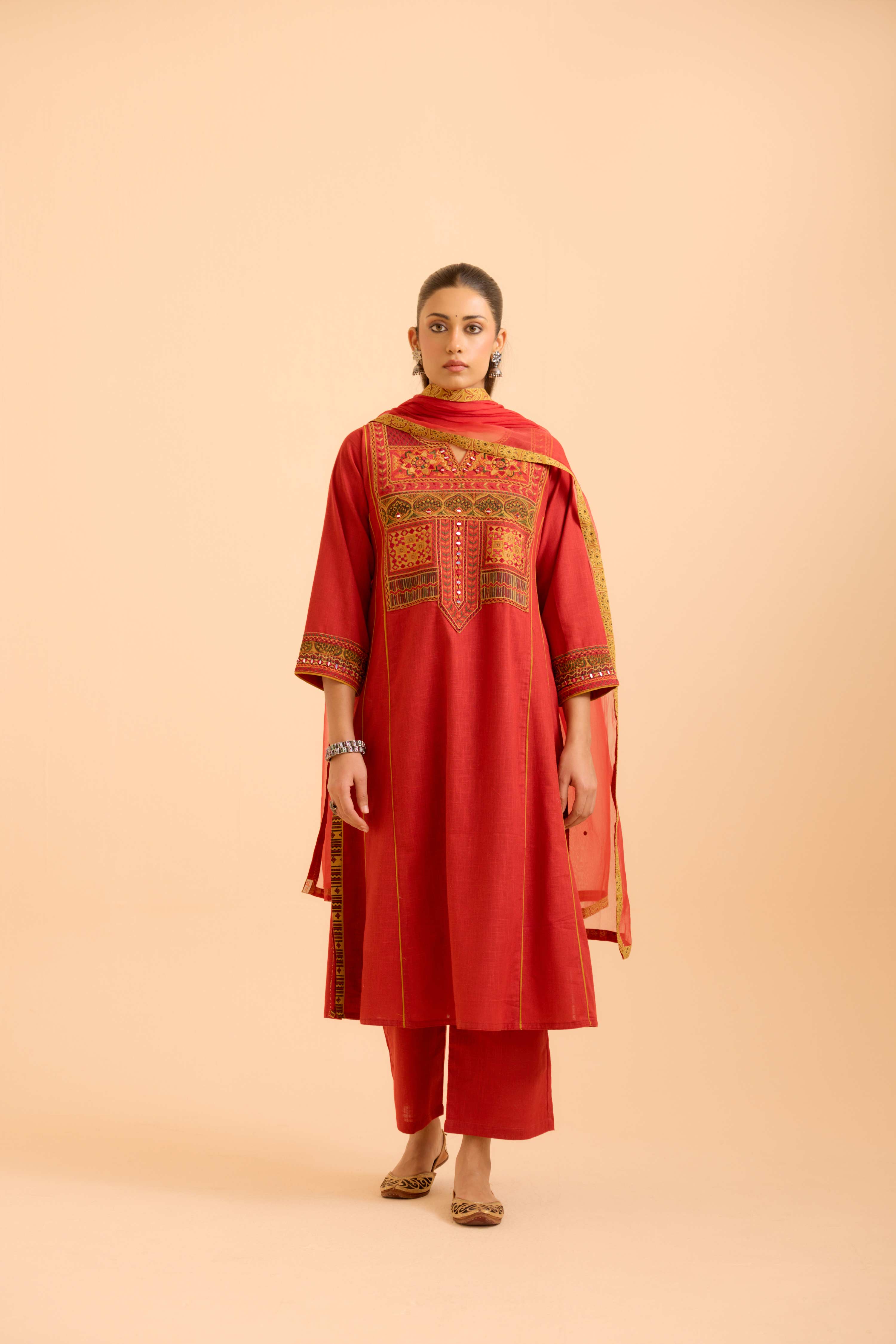Tulsi Cotton Slub  Embroidered Kurta Red