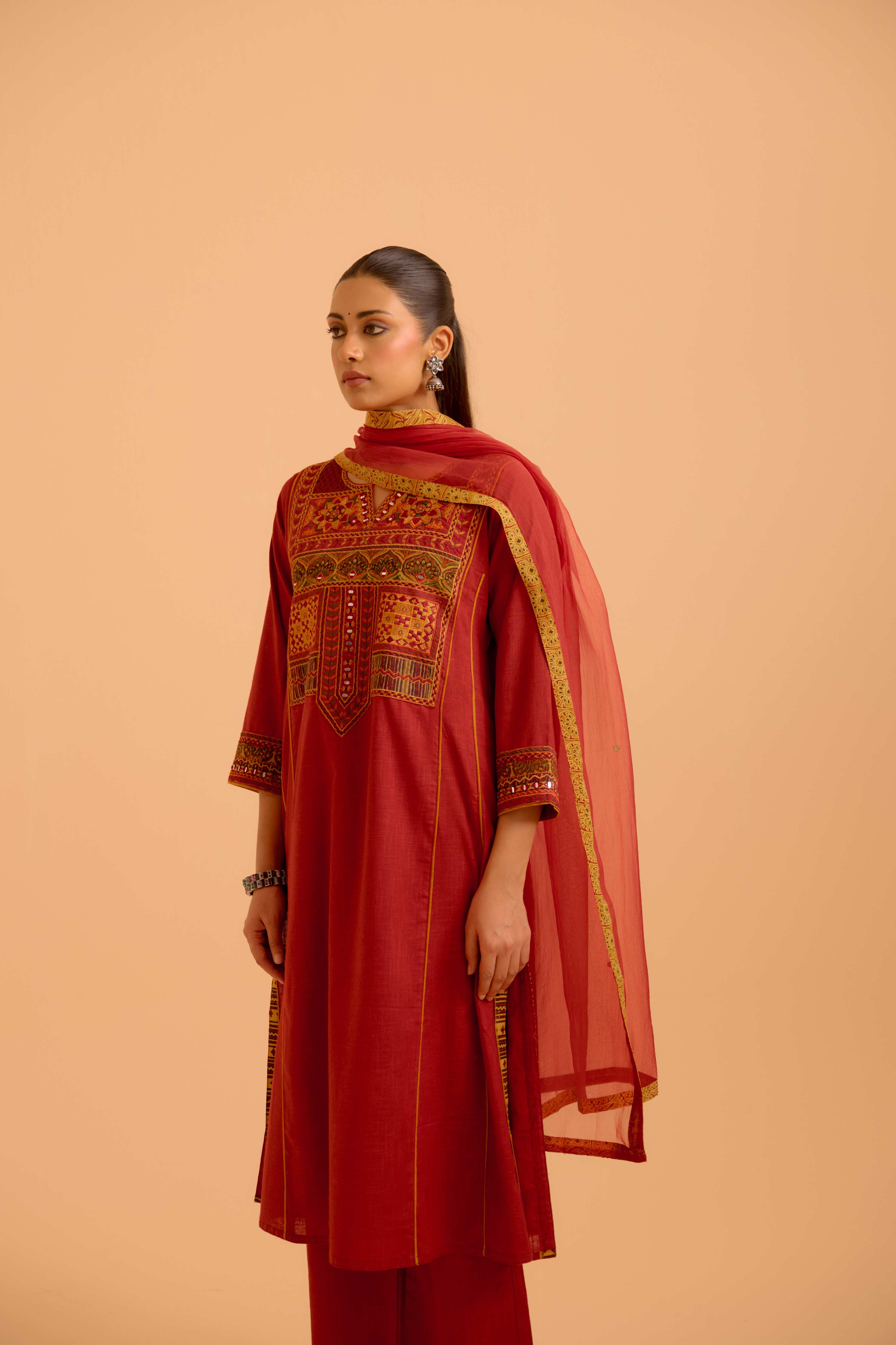 Tulsi Cotton Slub  Embroidered Kurta Red