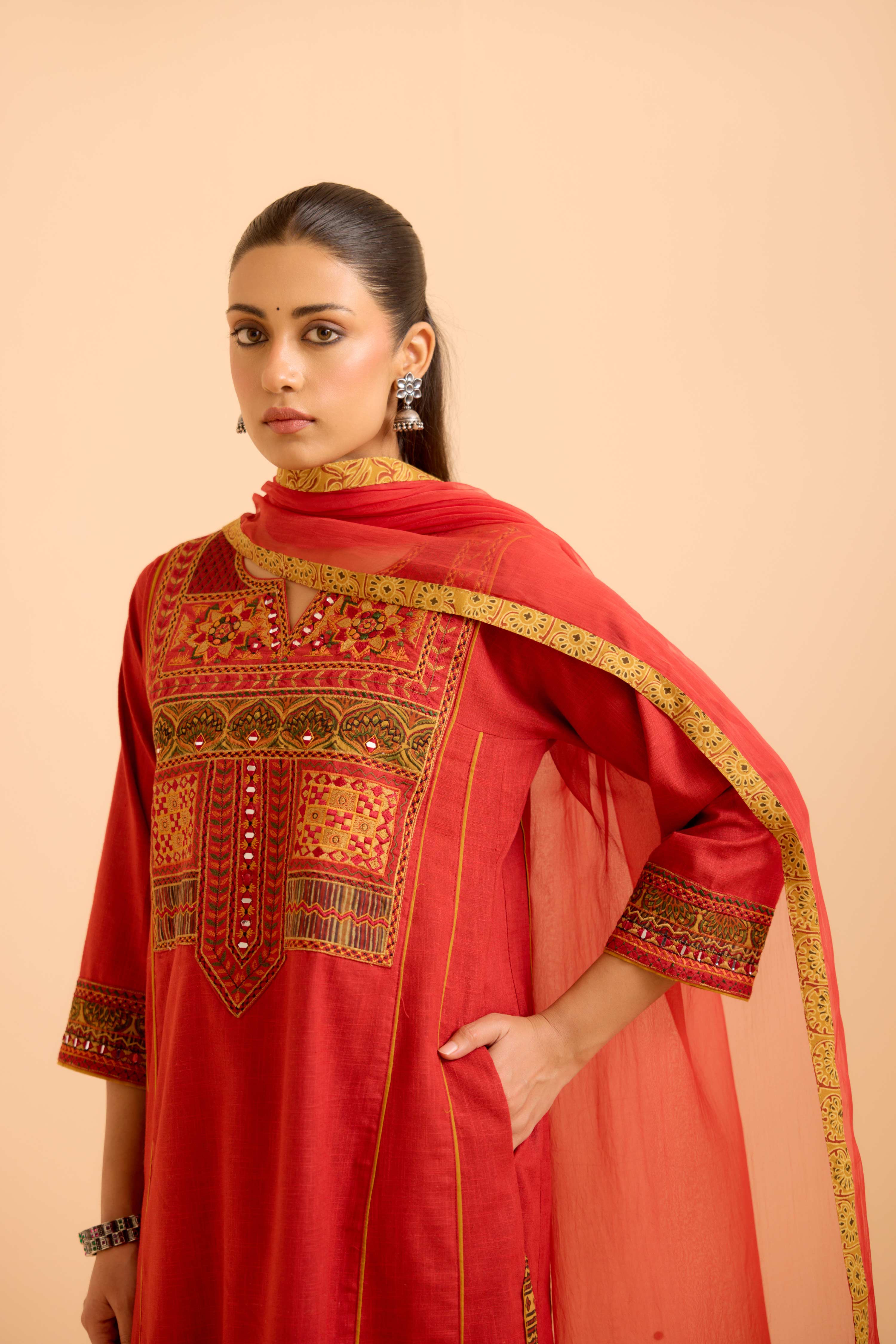 Tulsi Cotton Slub  Embroidered Kurta Red