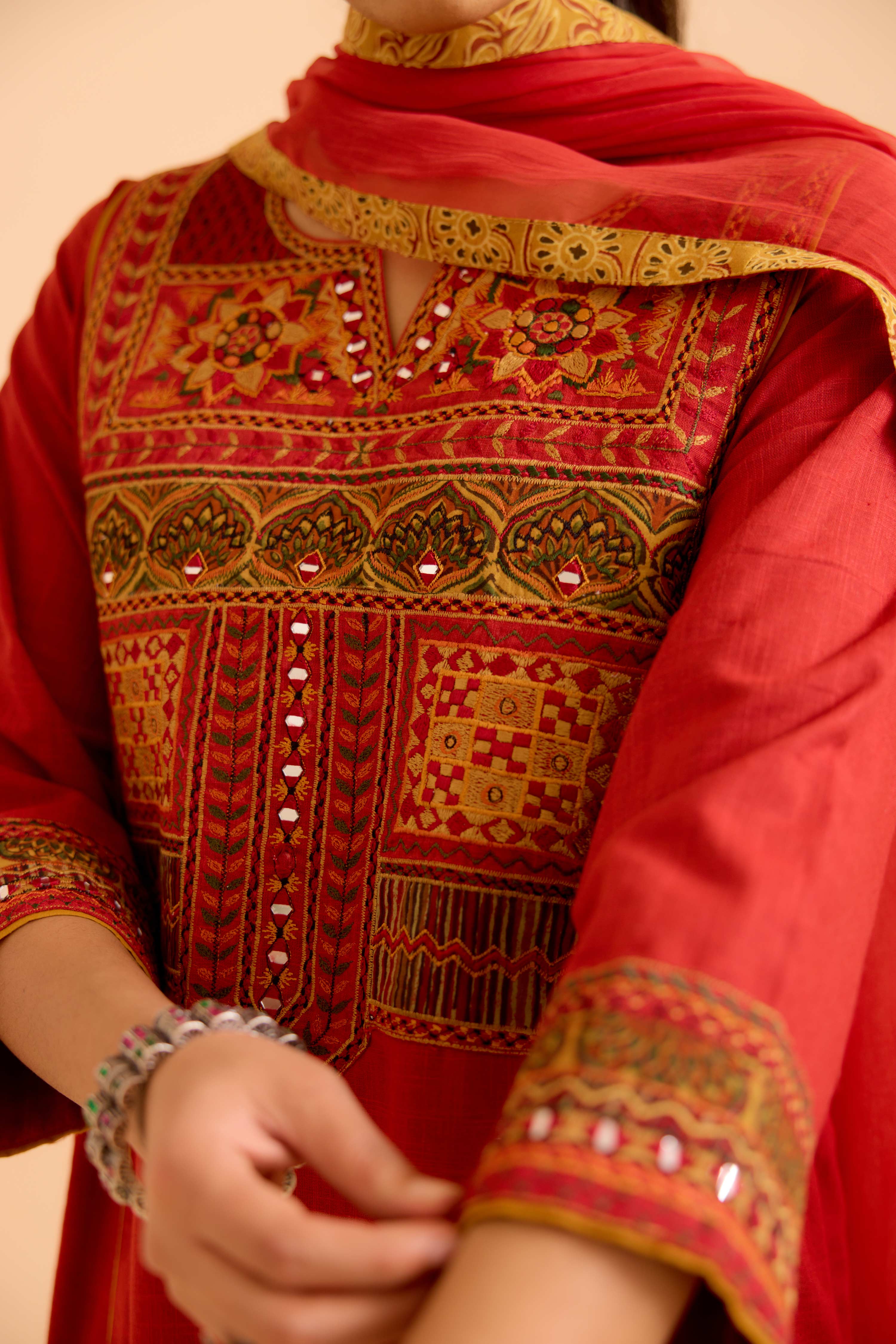 Tulsi Cotton Slub  Embroidered Kurta Red