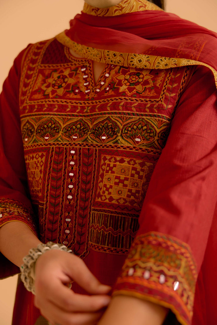 Tulsi Cotton Slub  Embroidered Kurta Red