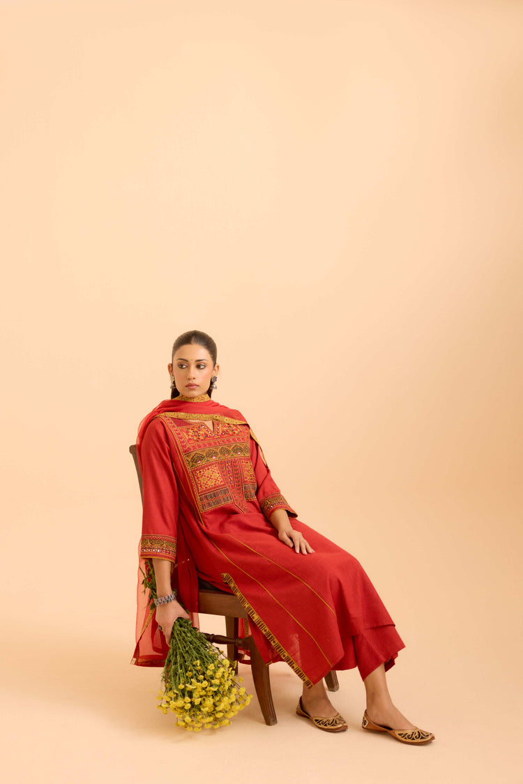 Tulsi Cotton Slub  Embroidered Kurta Red