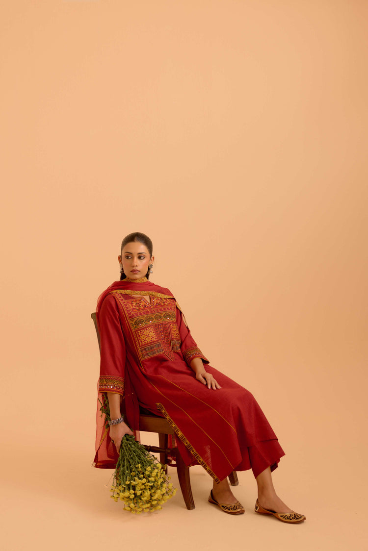 Tulsi Cotton Slub  Embroidered Kurta Red