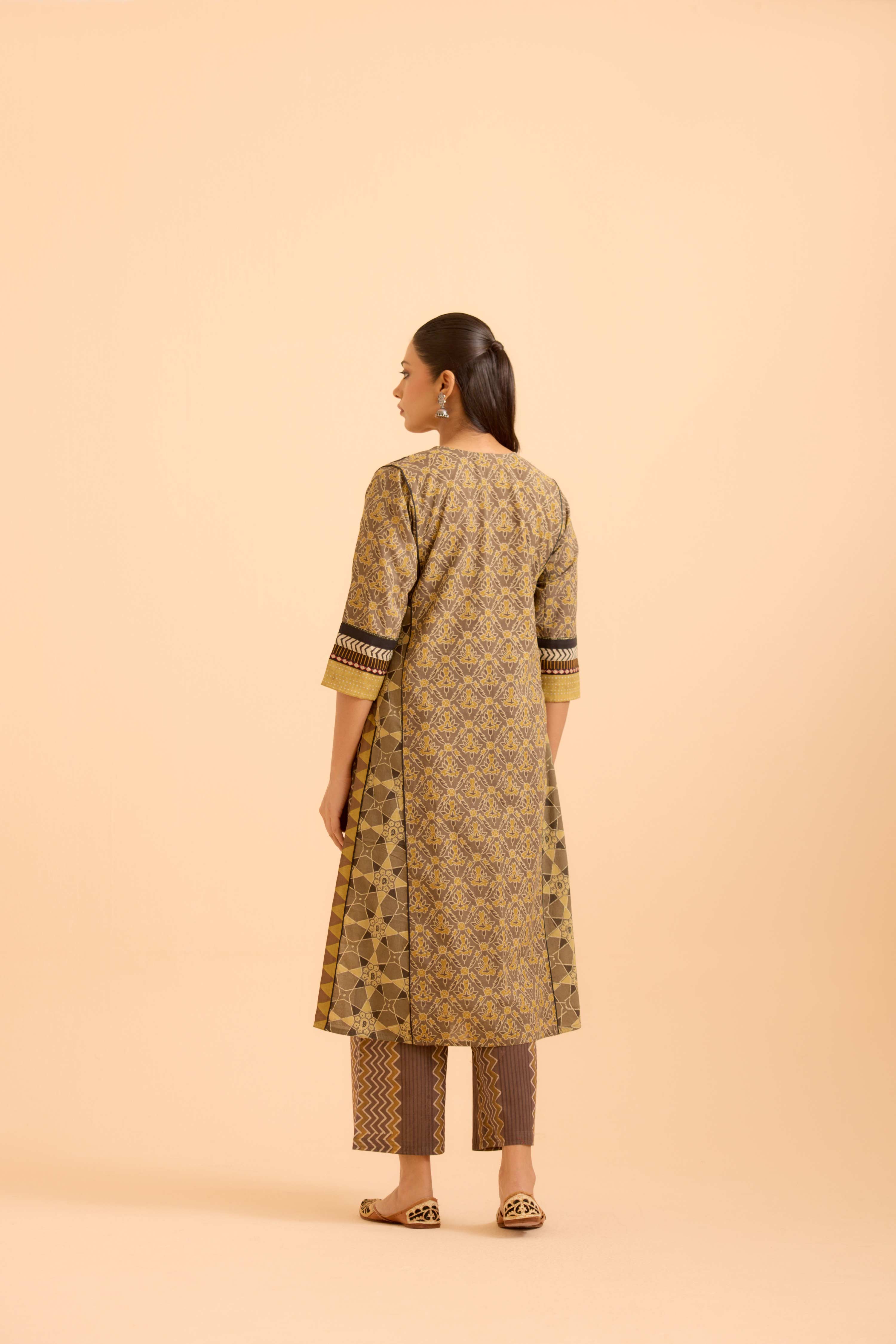 Rozana Cotton Ajrakh Printed Kurta Grey Yellow