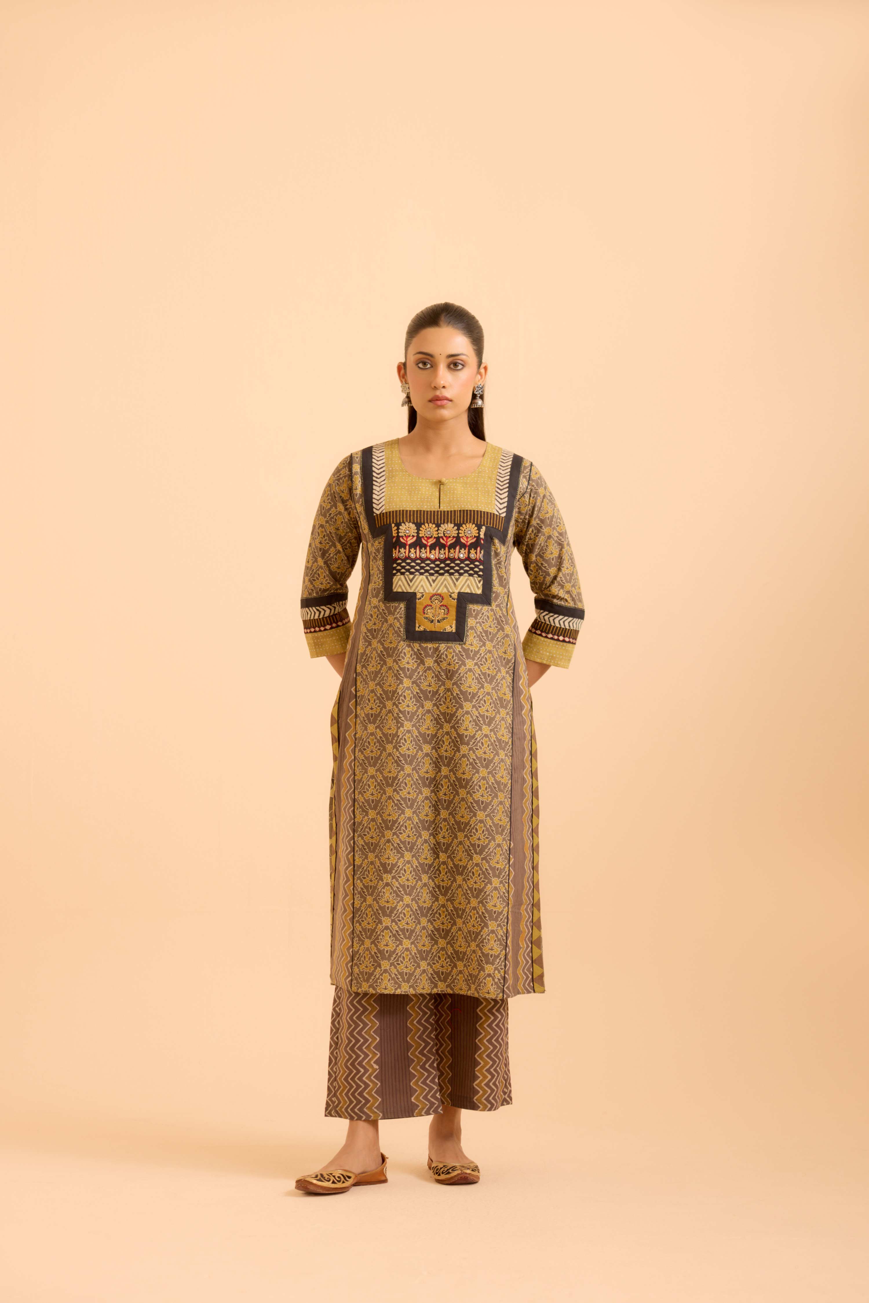Rozana Cotton Ajrakh Printed Kurta Grey Yellow