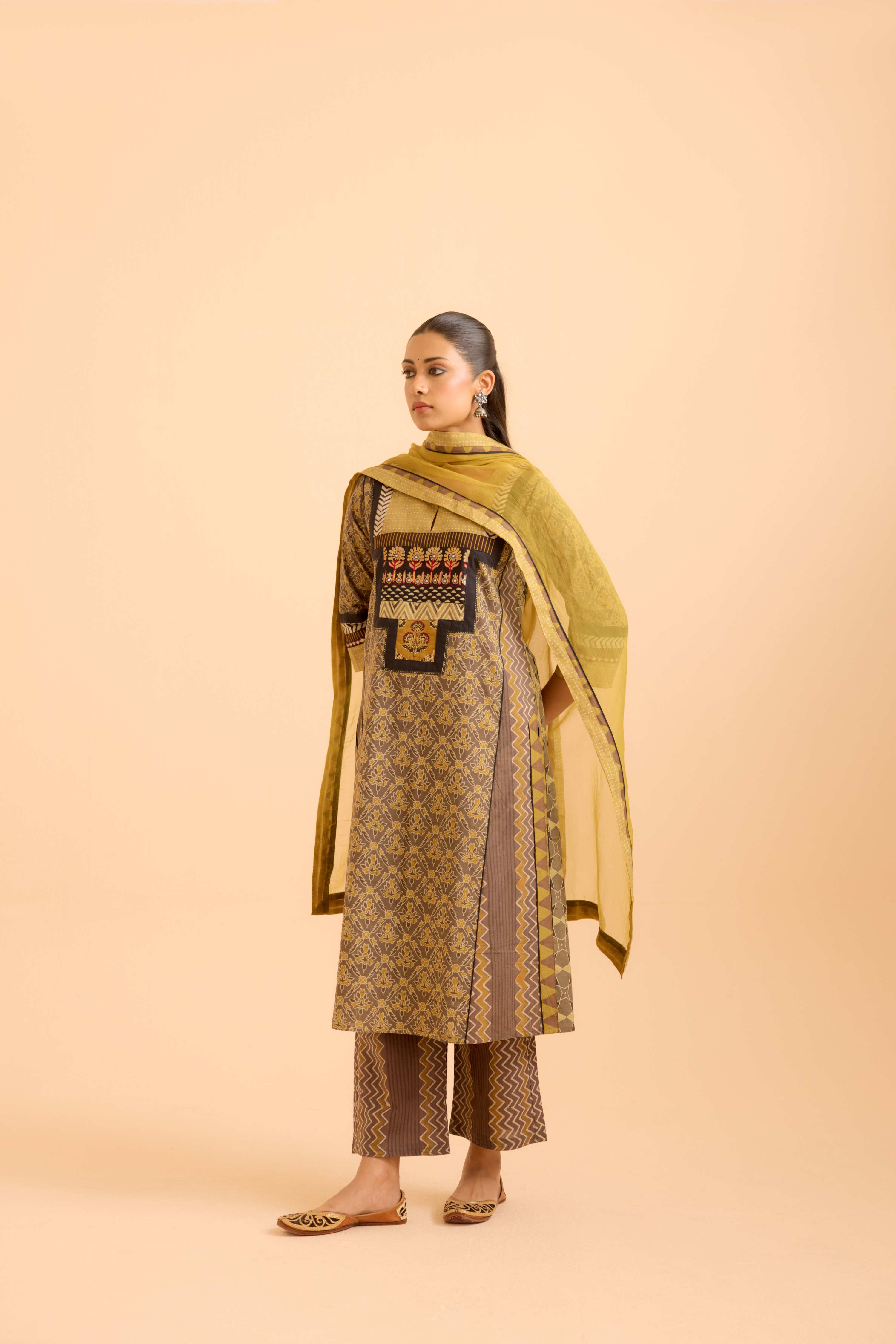 Rozana Cotton Ajrakh Printed Kurta Grey Yellow