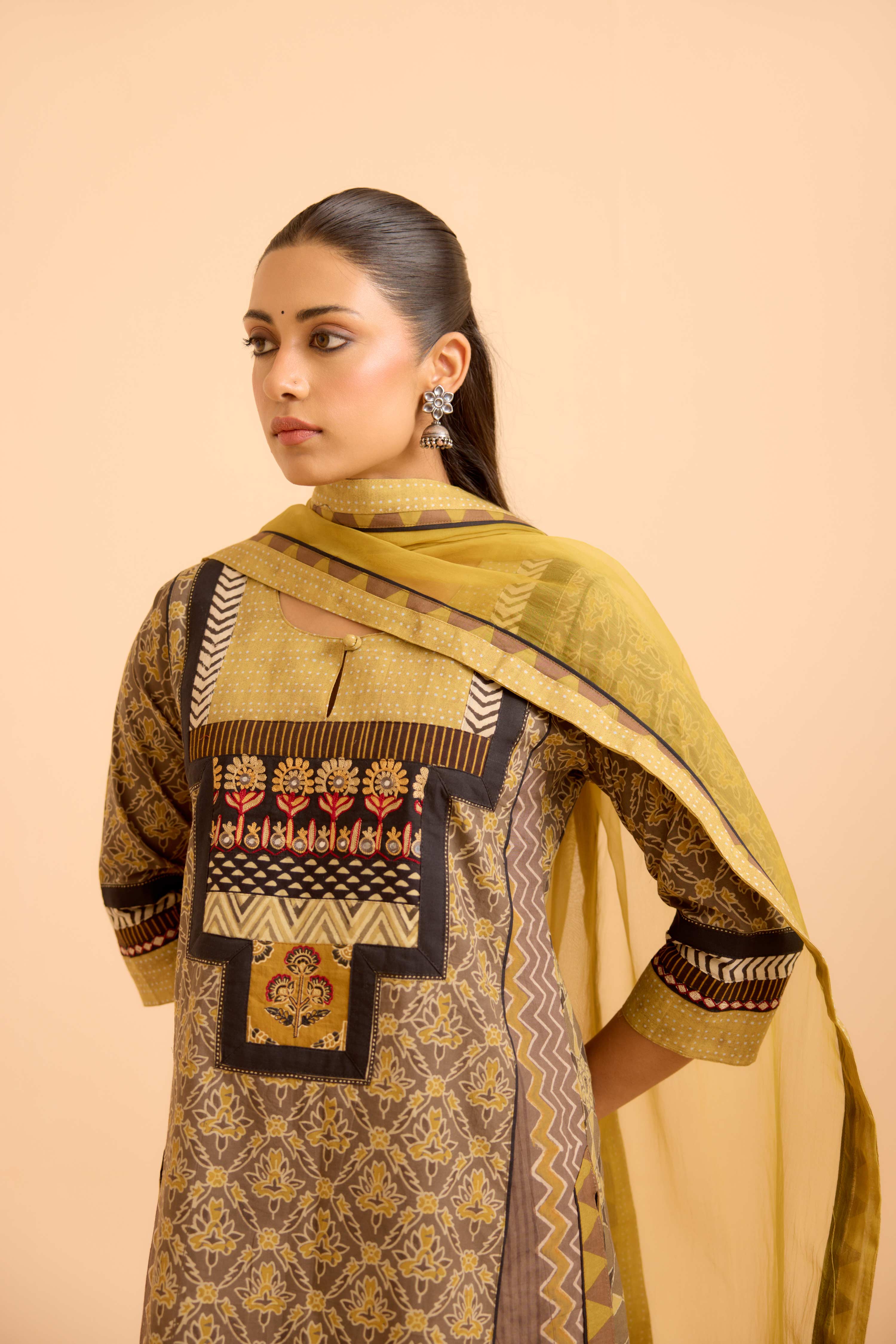 Rozana Cotton Ajrakh Printed Kurta Grey Yellow