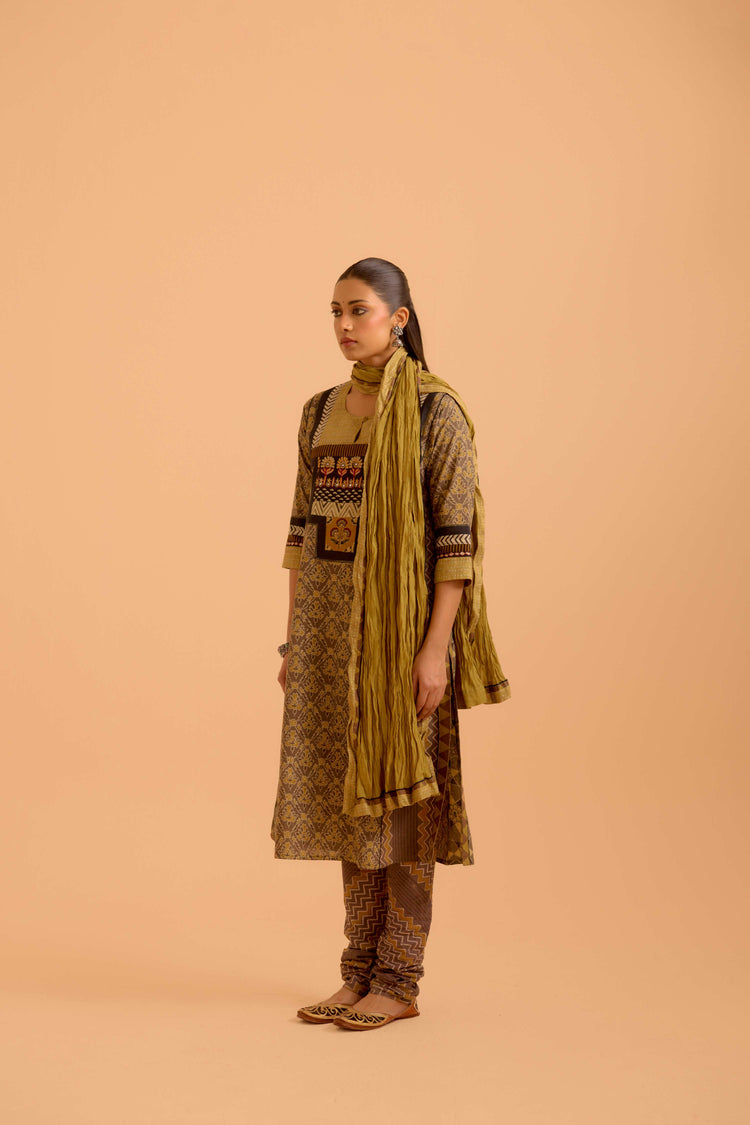 Rozana Cotton Ajrakh Printed Kurta Grey Yellow