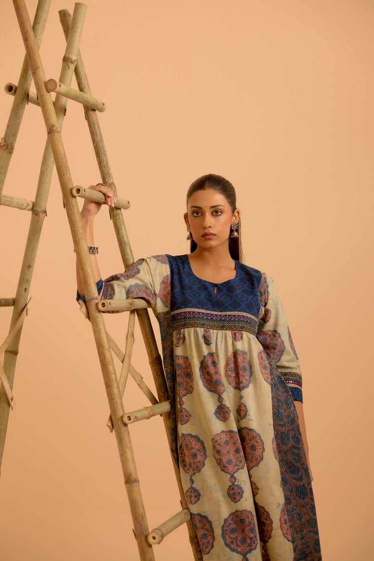 Banjara Cotton Vanaspati Printed Kurta Beige Blue