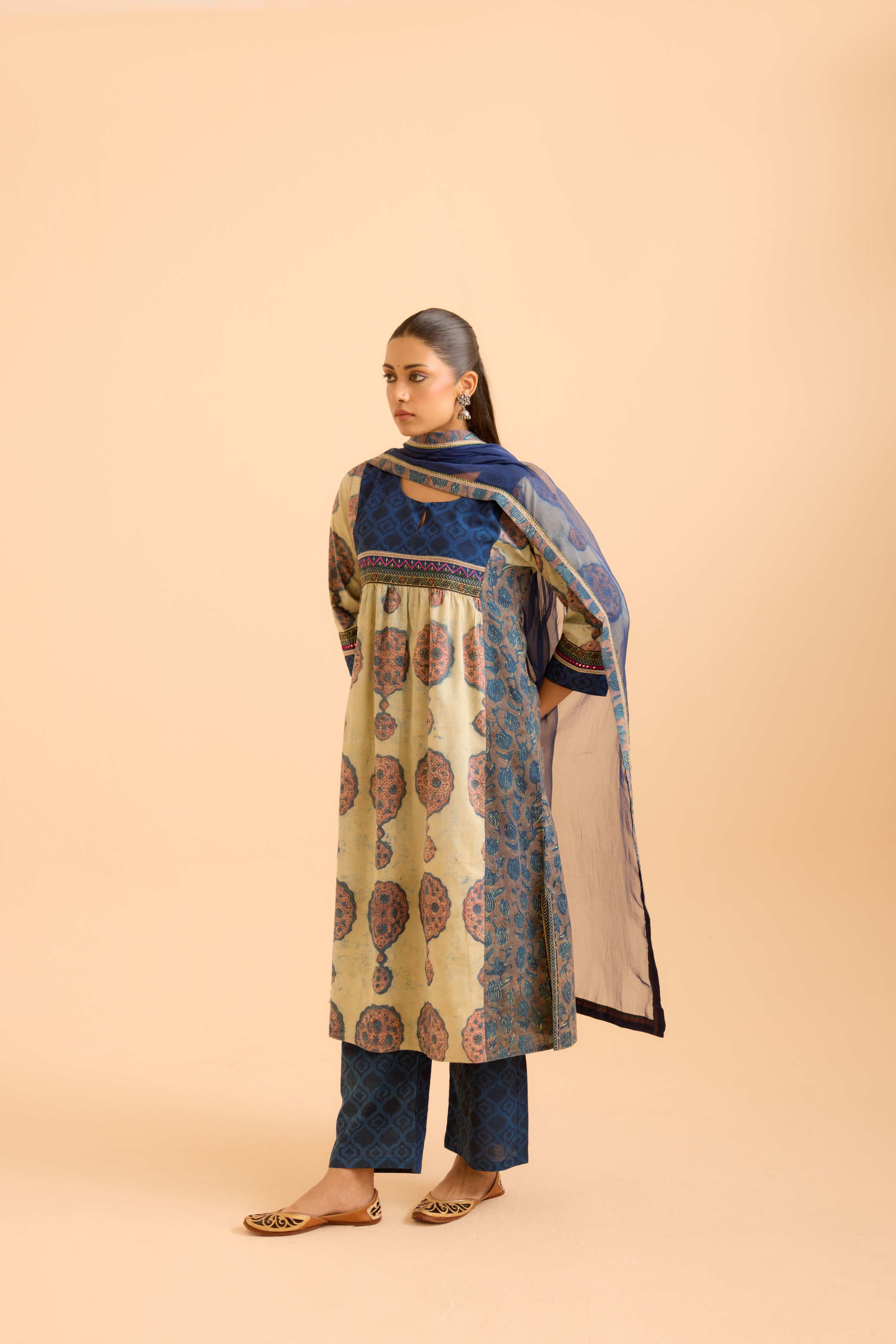 Banjara Cotton Vanaspati Printed Kurta Beige Blue