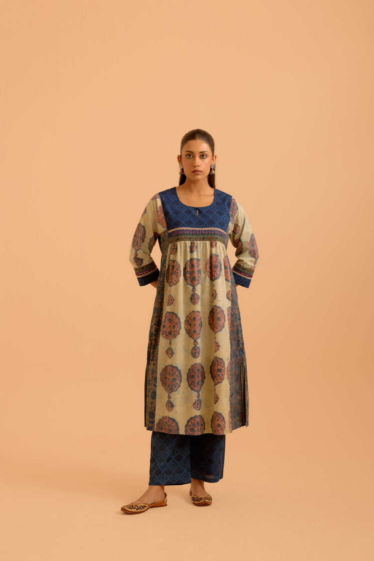 Banjara Cotton Vanaspati Printed Kurta Beige Blue