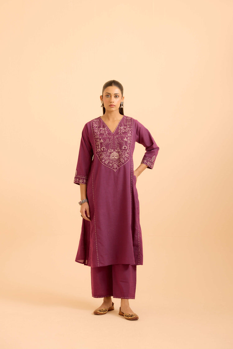 Tulsi Cotton Slub Embroidered Kurta Purple