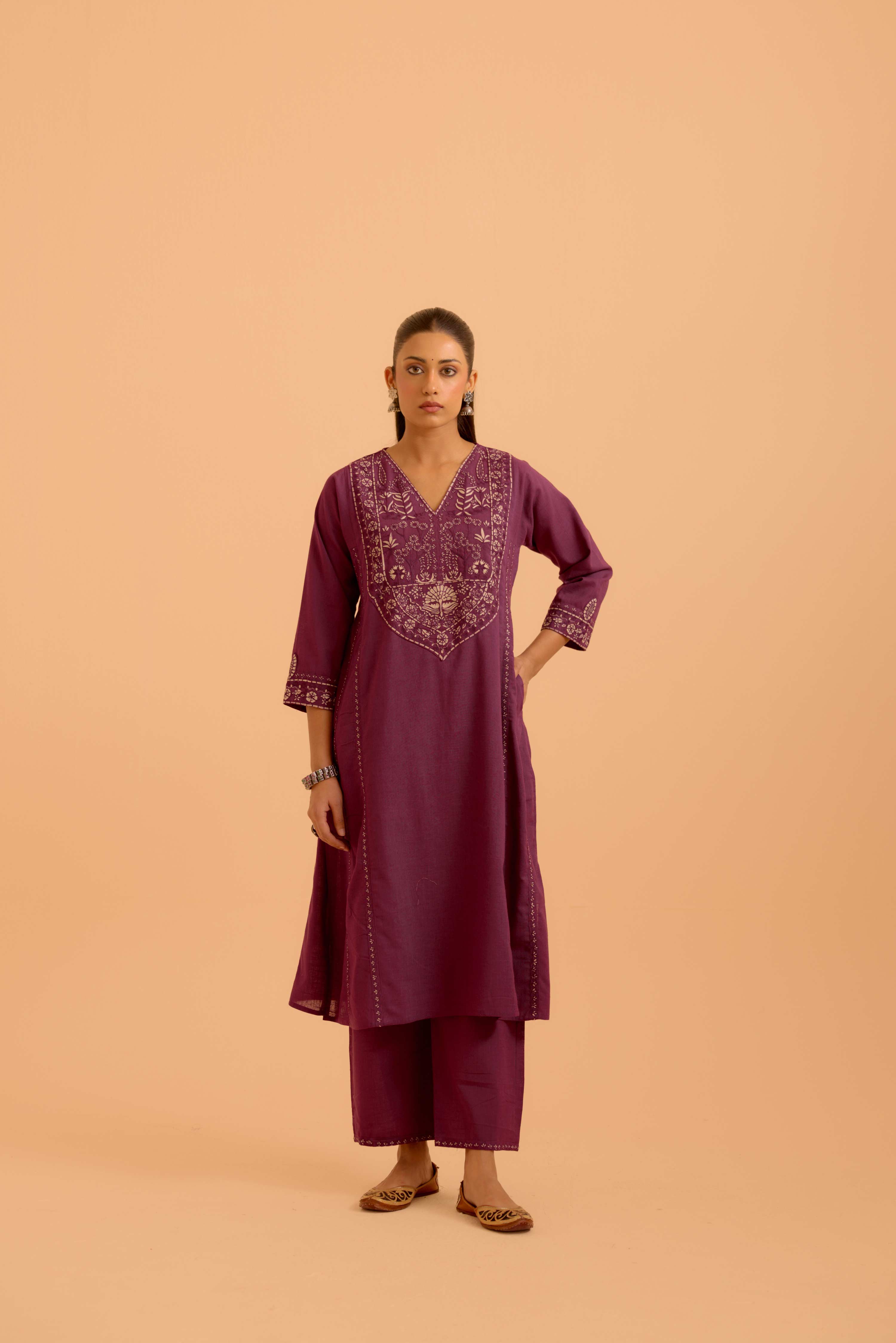 Tulsi Cotton Slub Embroidered Kurta Purple