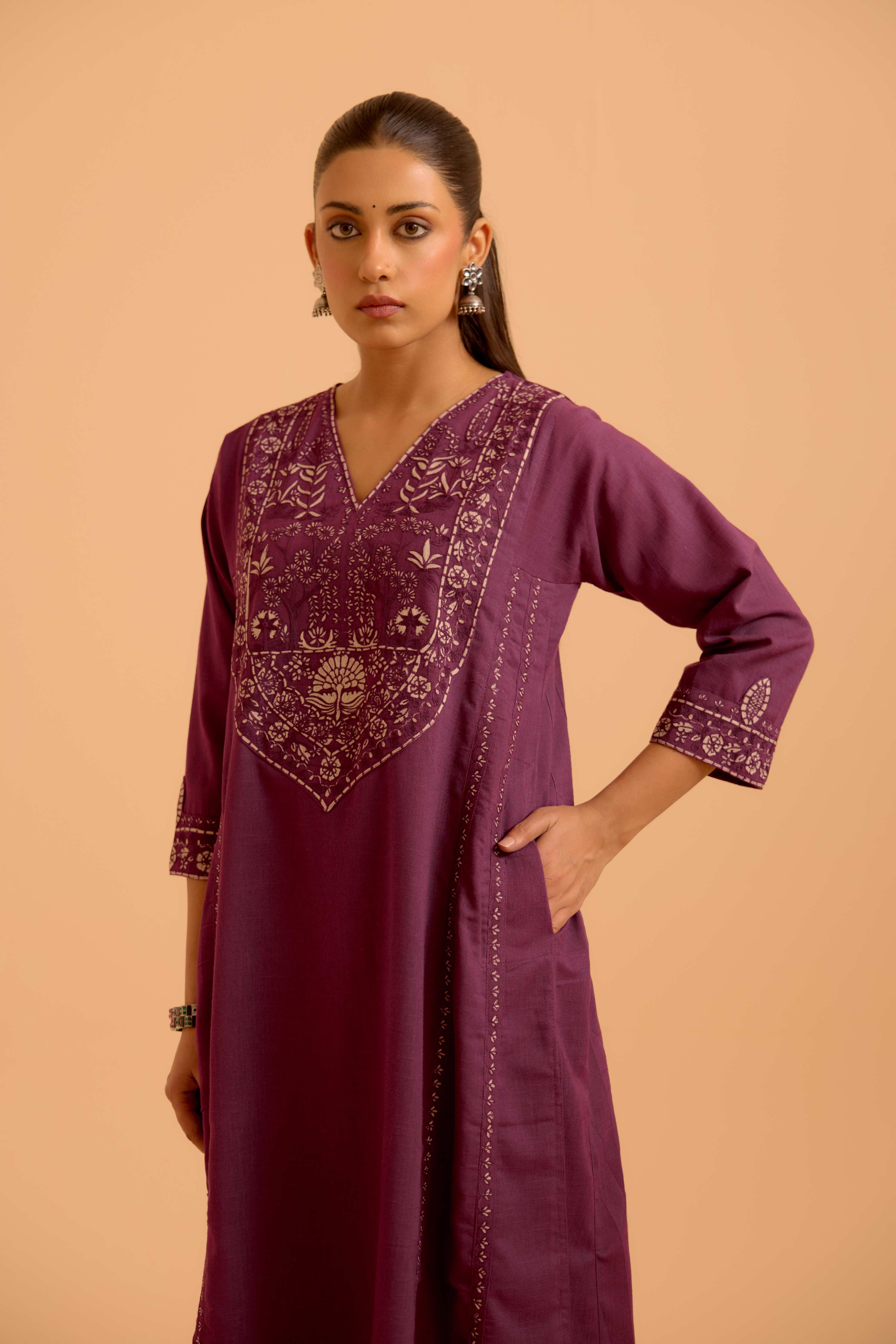 Tulsi Cotton Slub Embroidered Kurta Purple