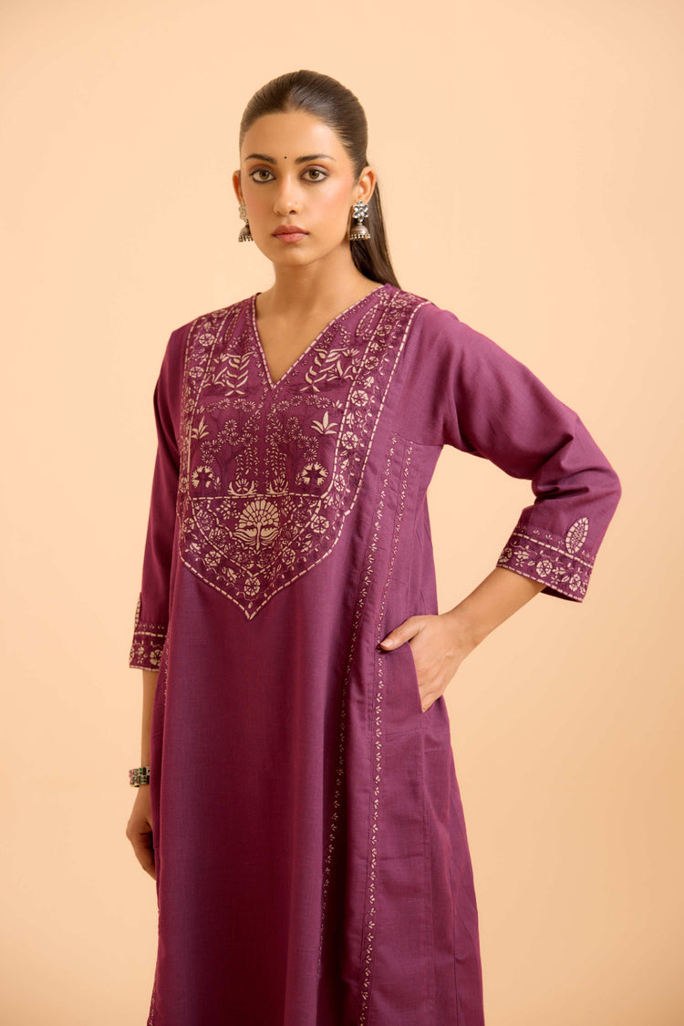 Tulsi Cotton Slub Embroidered Kurta Purple
