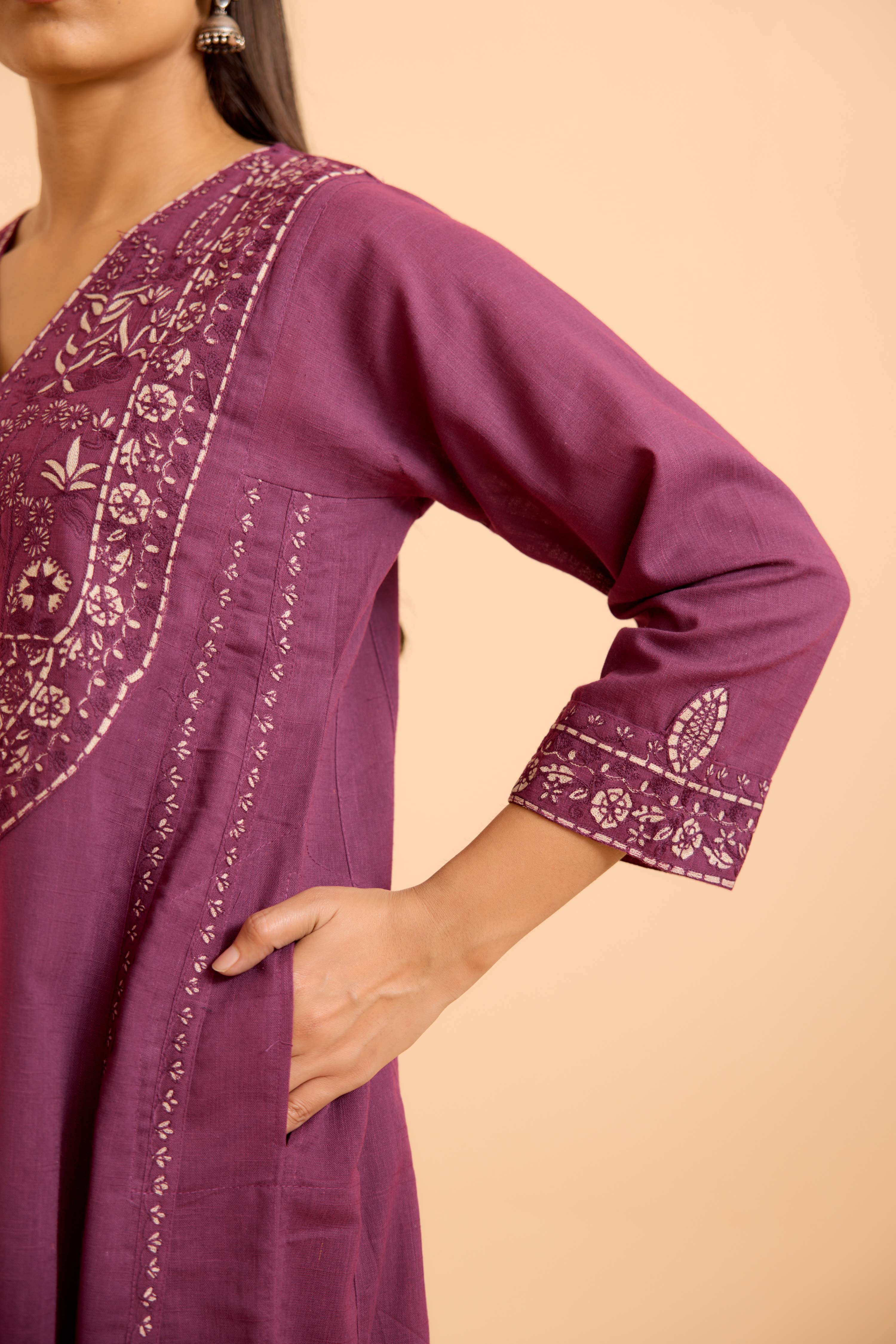 Tulsi Cotton Slub Embroidered Kurta Purple