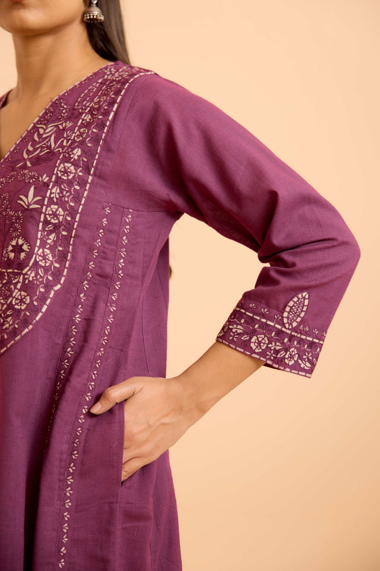 Tulsi Cotton Slub Embroidered Kurta Purple