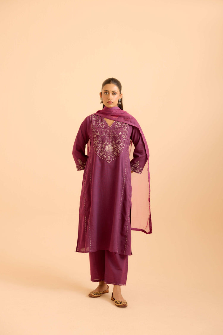 Tulsi Cotton Slub Embroidered Kurta Purple