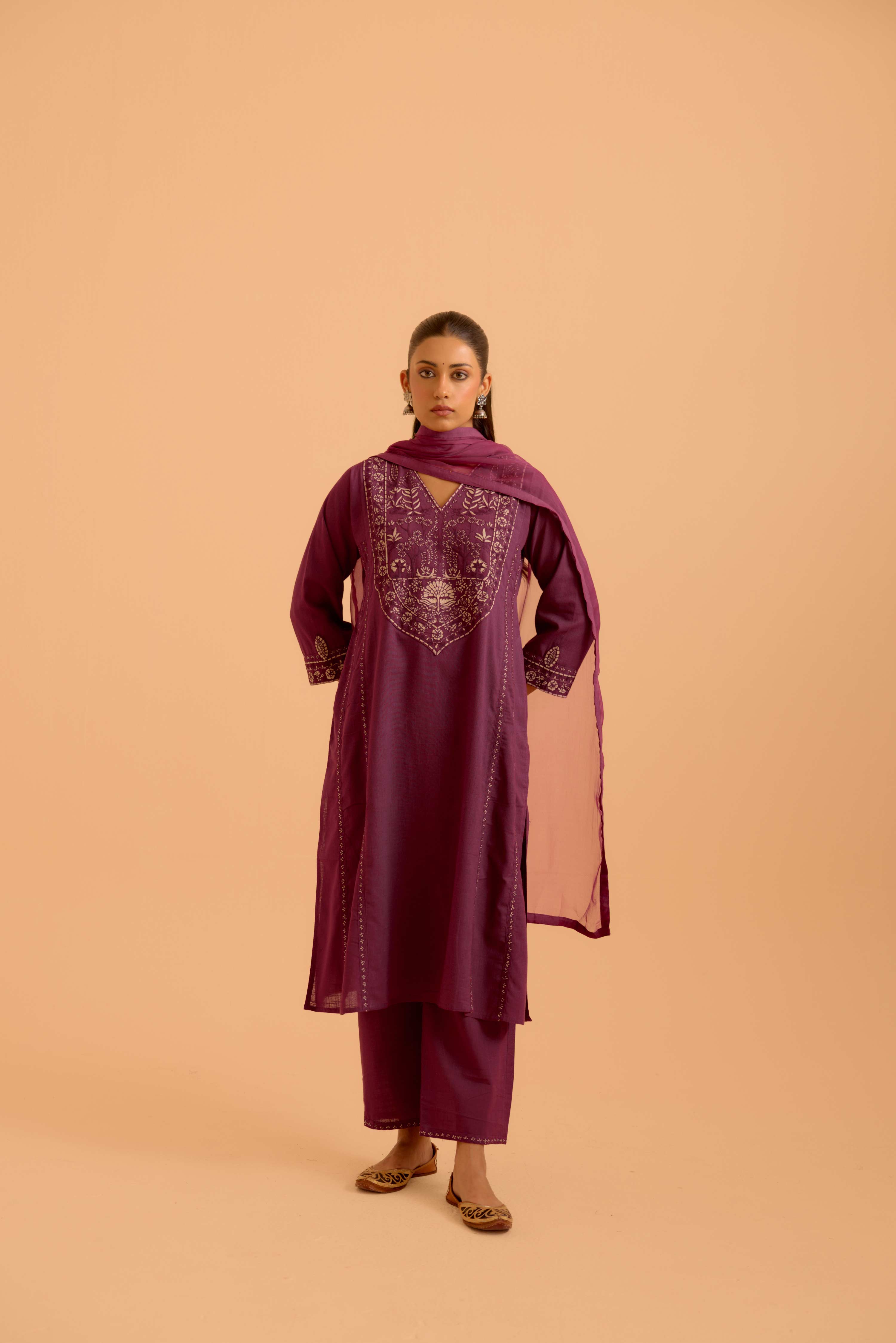 Tulsi Cotton Slub Embroidered Kurta Purple