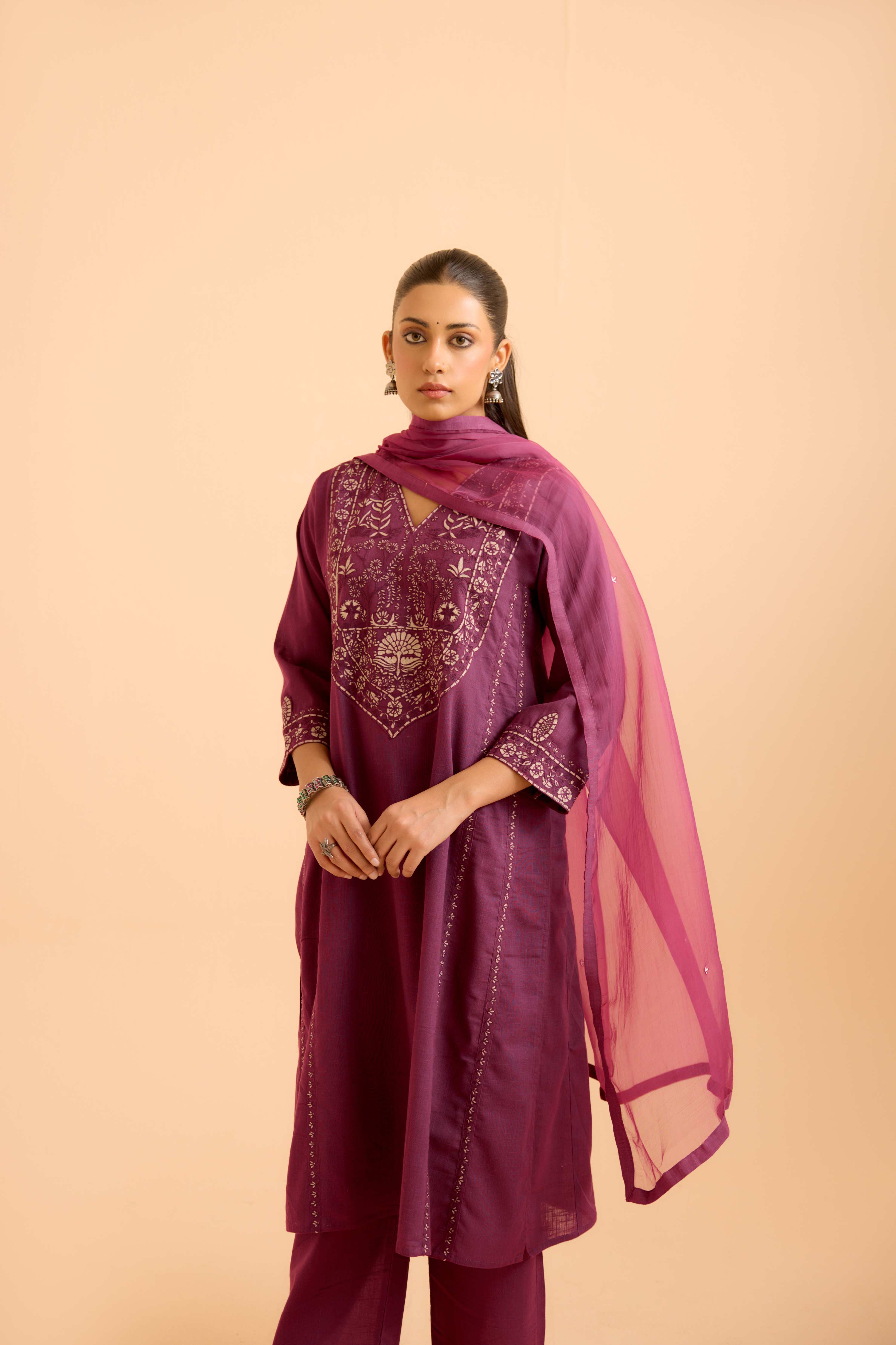 Tulsi Cotton Slub Embroidered Kurta Purple