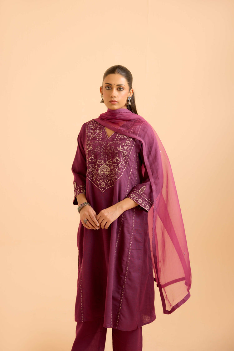 Tulsi Cotton Slub Embroidered Kurta Purple