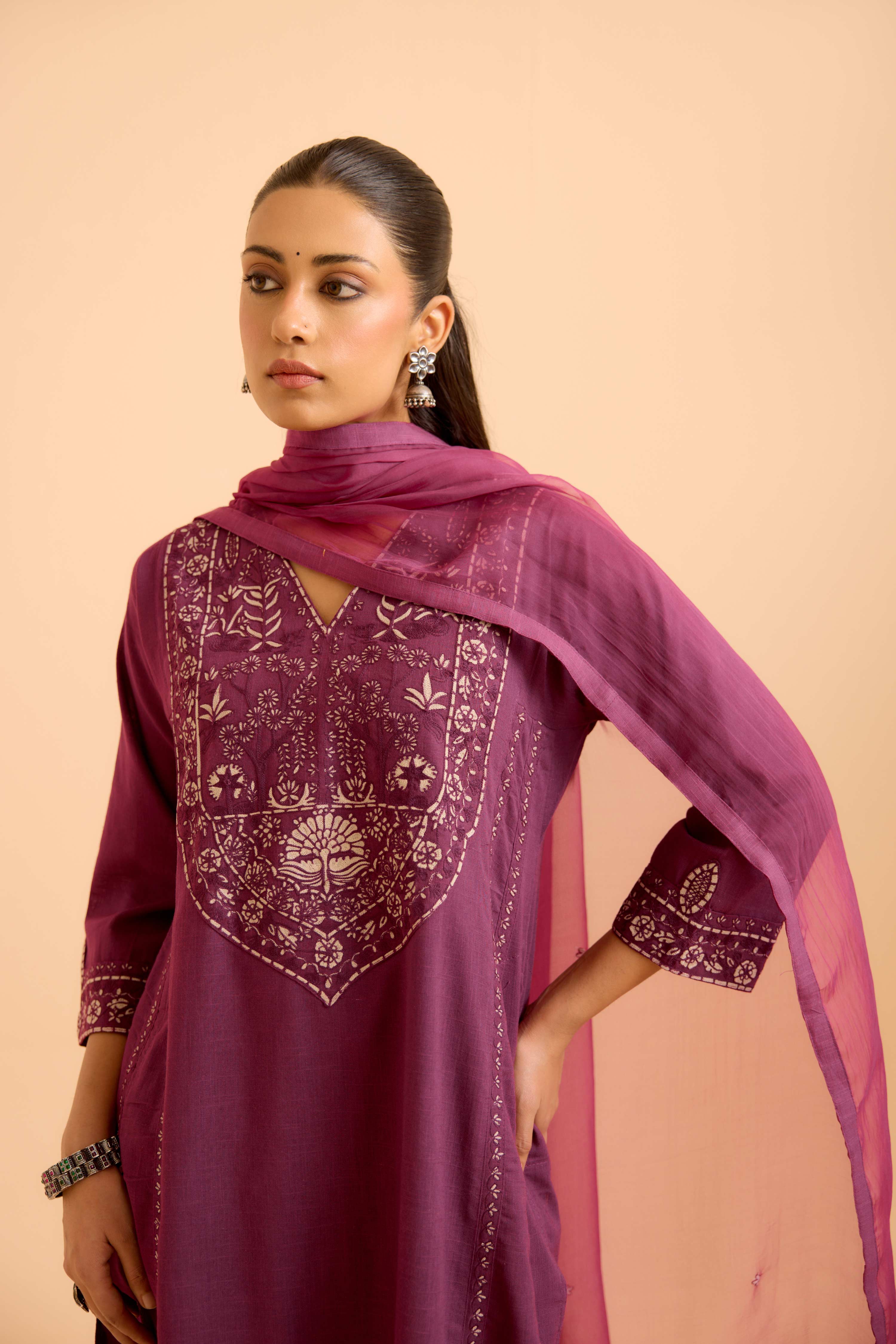 Tulsi Cotton Slub Embroidered Kurta Purple