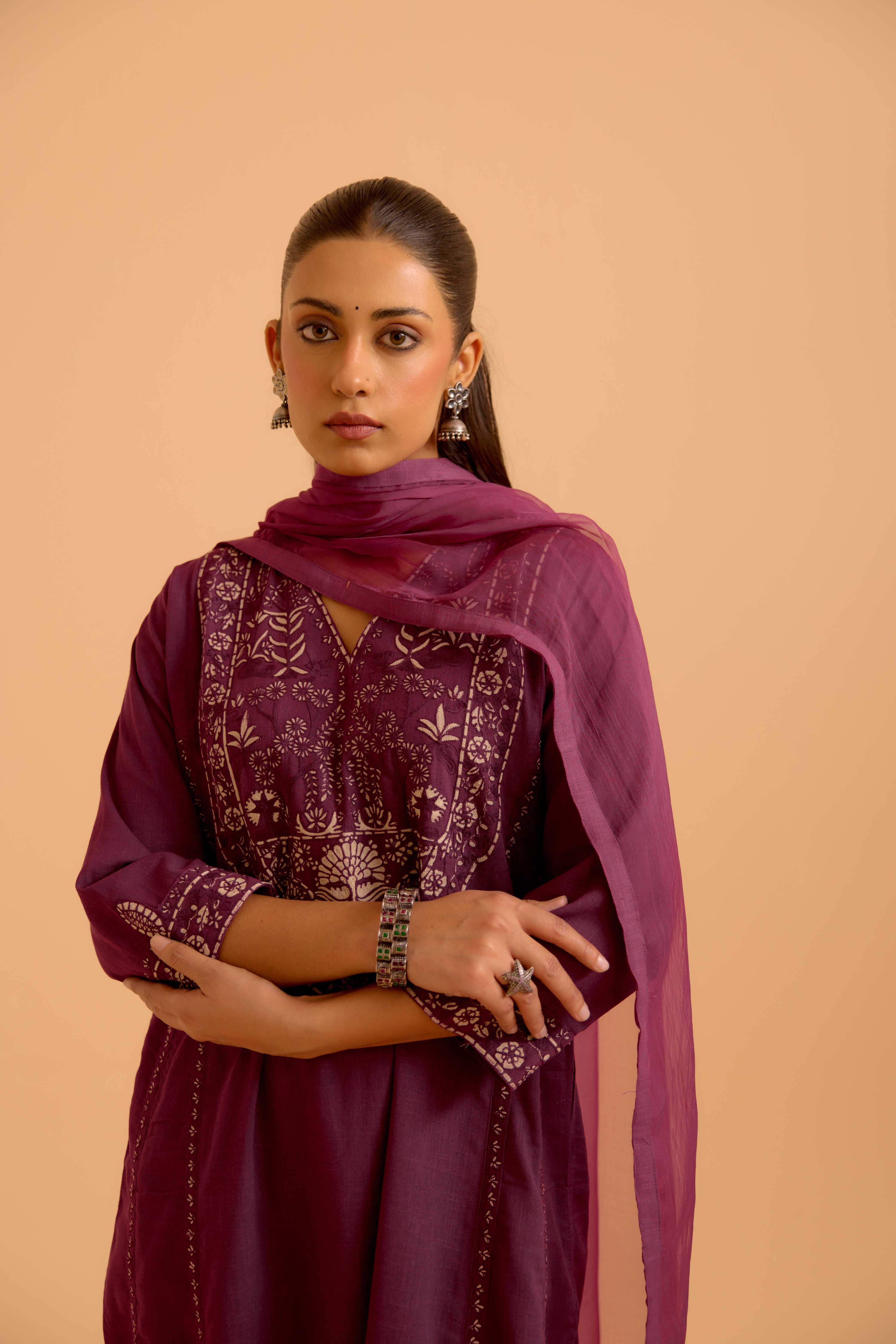 Tulsi Cotton Slub Embroidered Kurta Purple