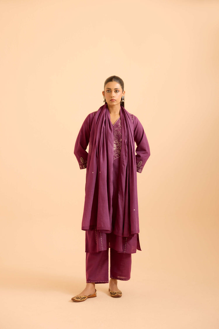 Tulsi Cotton Slub Embroidered Kurta Purple