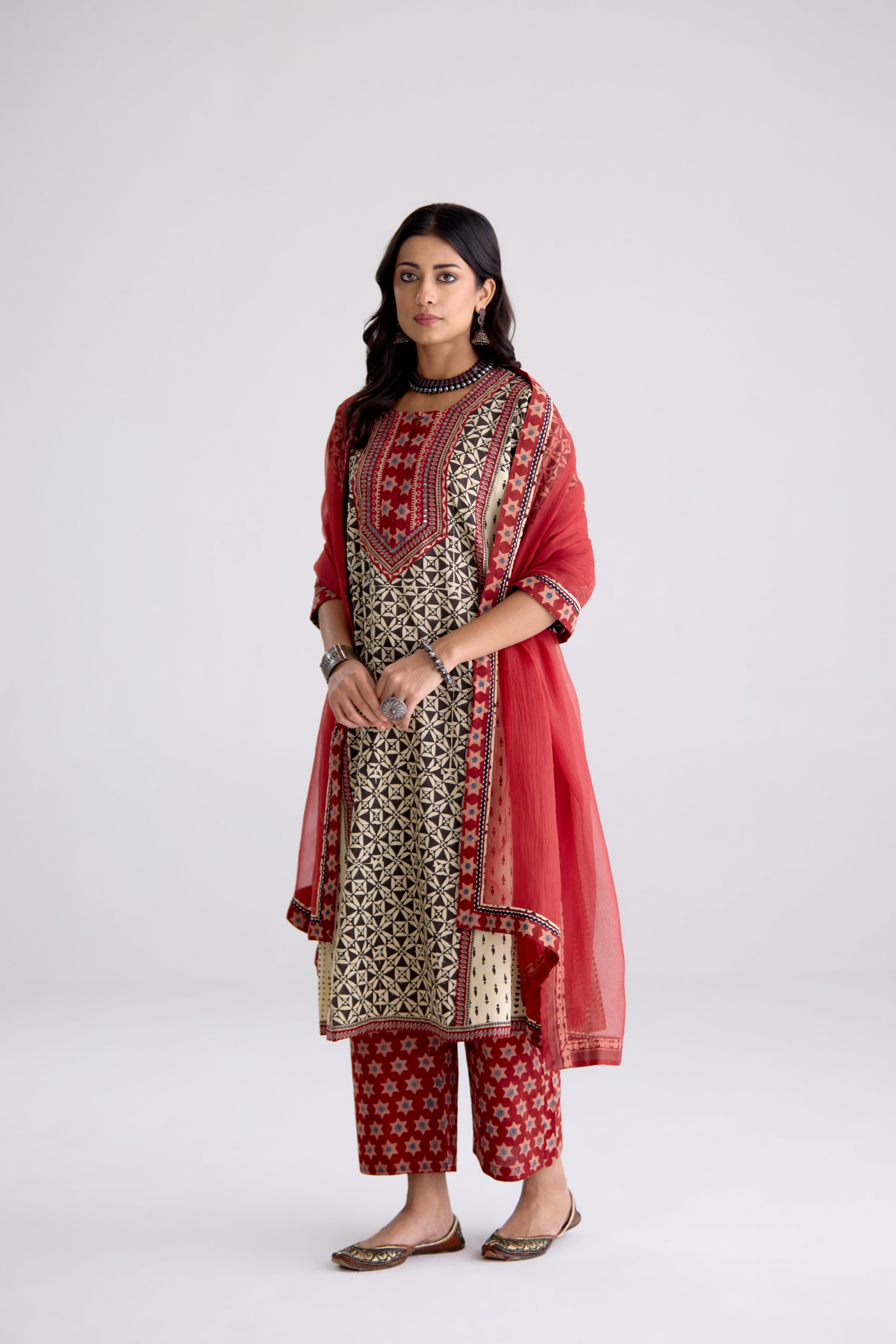 Adya Cotton Hand Block Printed Kurta Black Beige (10104262754603)