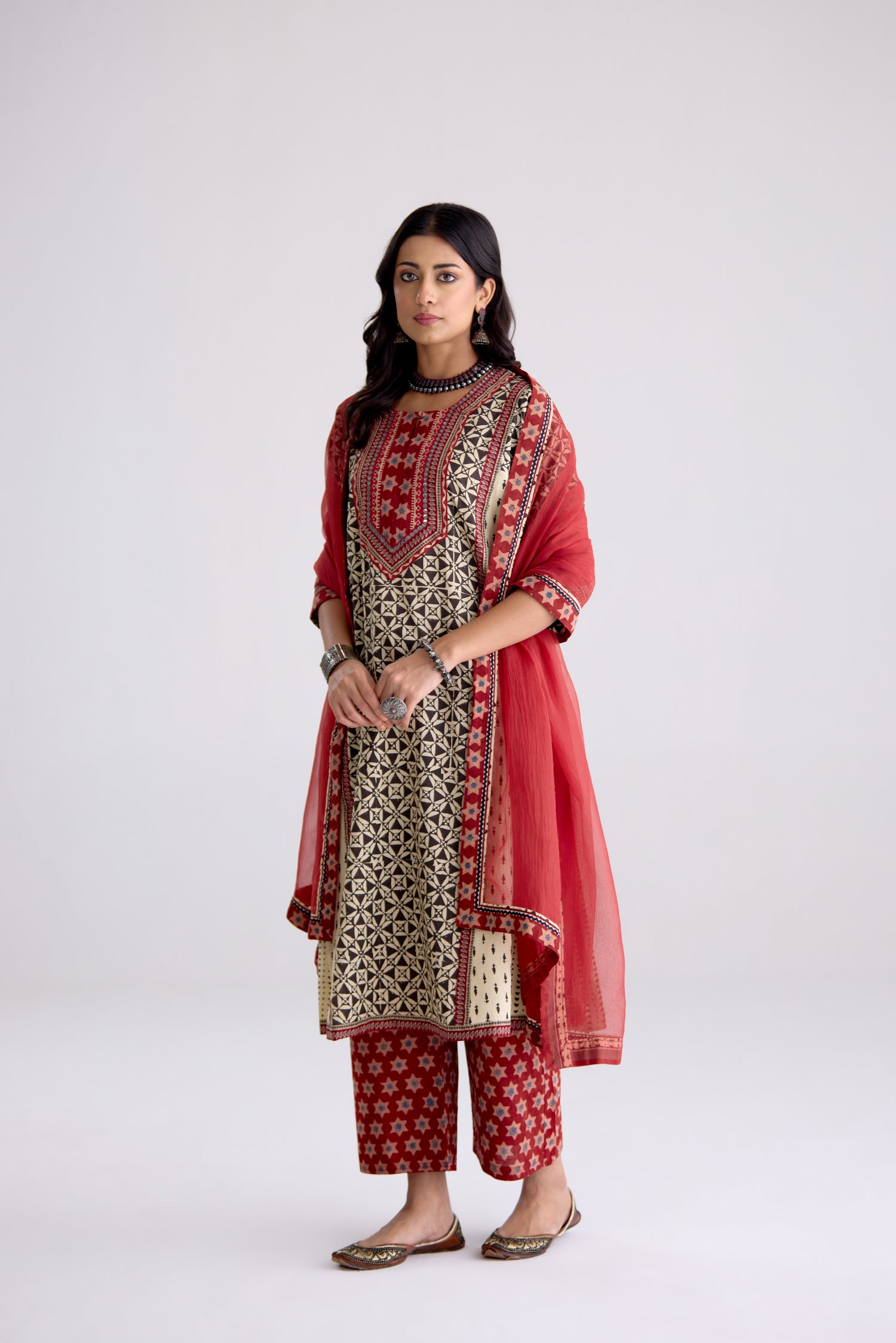 Adya Cotton Hand Block Printed Kurta Black Beige (10104262754603)