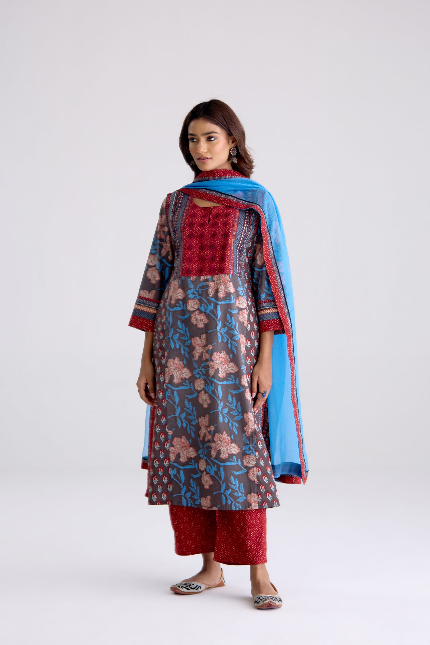 Adya Cotton Hand Block Printed Kurta Grey Maroon (10104461754667)