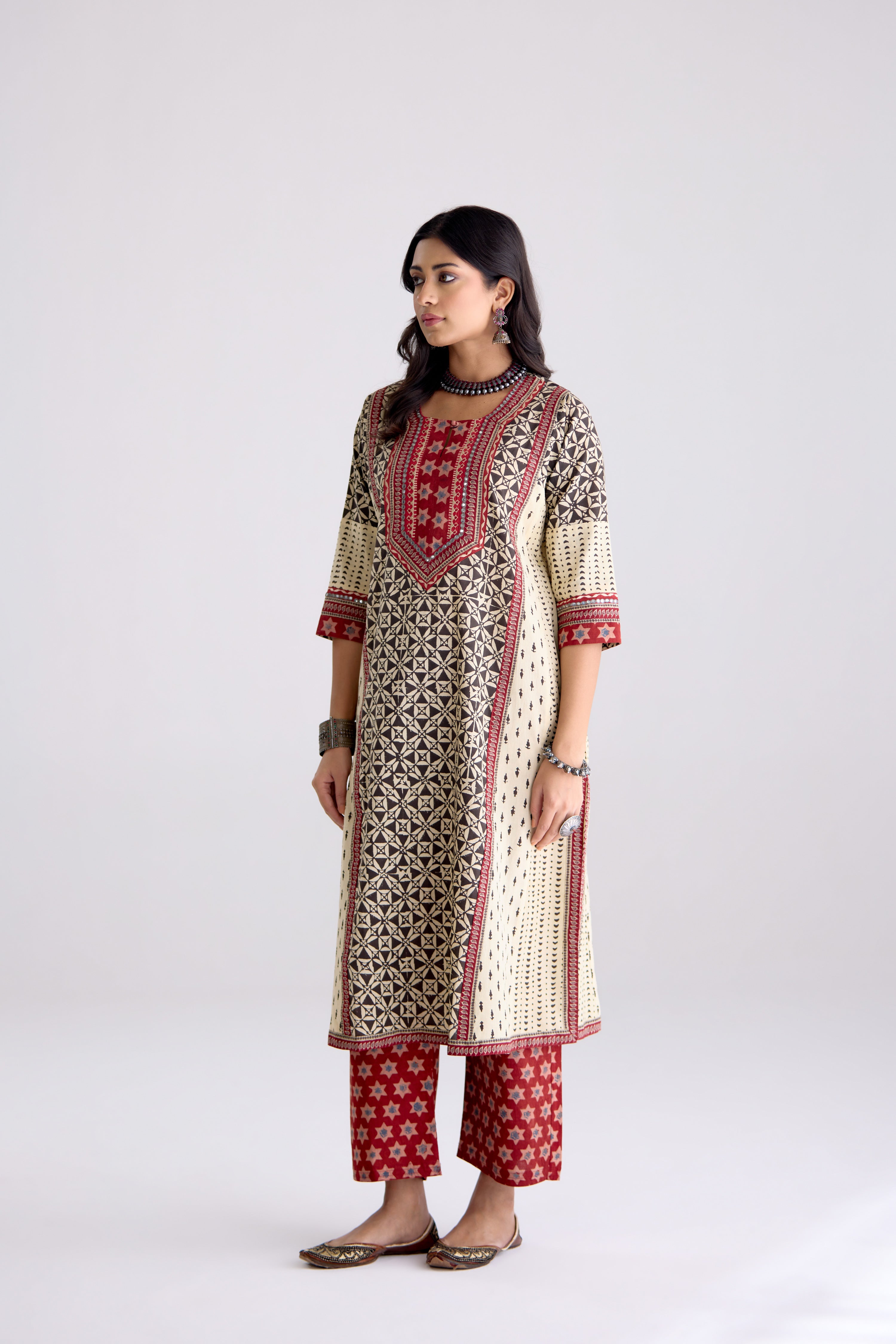 Adya Cotton Hand Block Printed Kurta Black Beige (10104262754603)