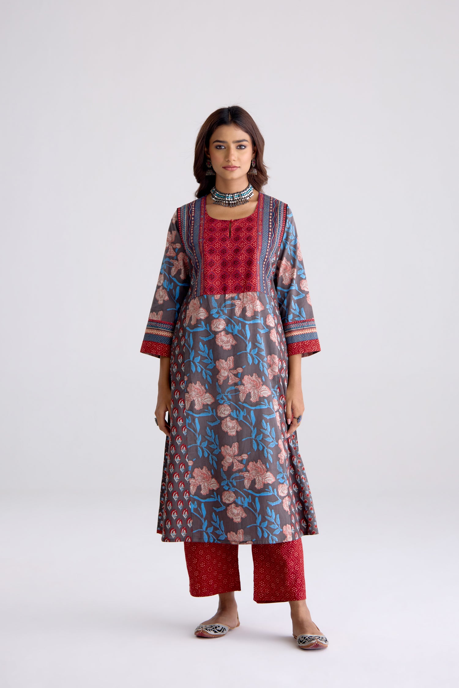 Adya Cotton Hand Block Printed Kurta Grey Maroon (10104461754667)