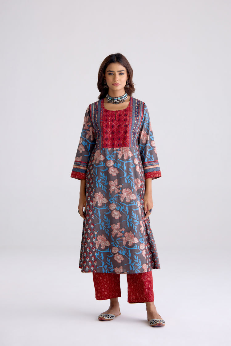 Adya Cotton Hand Block Printed Kurta Grey Maroon (10104461754667)