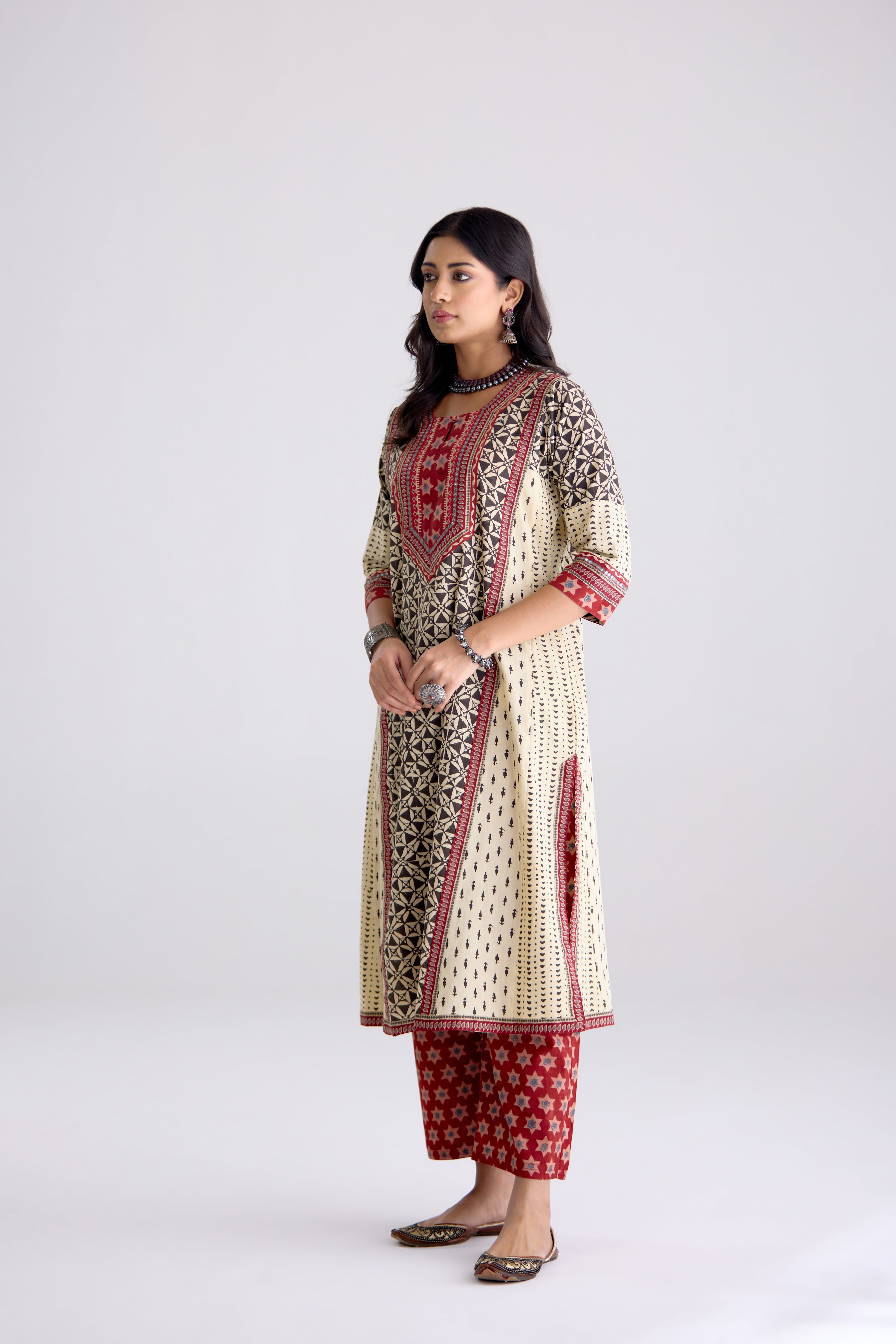 Adya Cotton Hand Block Printed Kurta Black Beige (10104262754603)