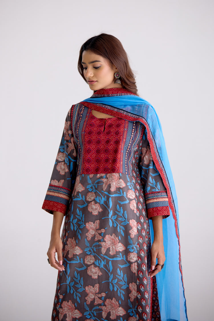 Adya Cotton Hand Block Printed Kurta Grey Maroon (10104461754667)