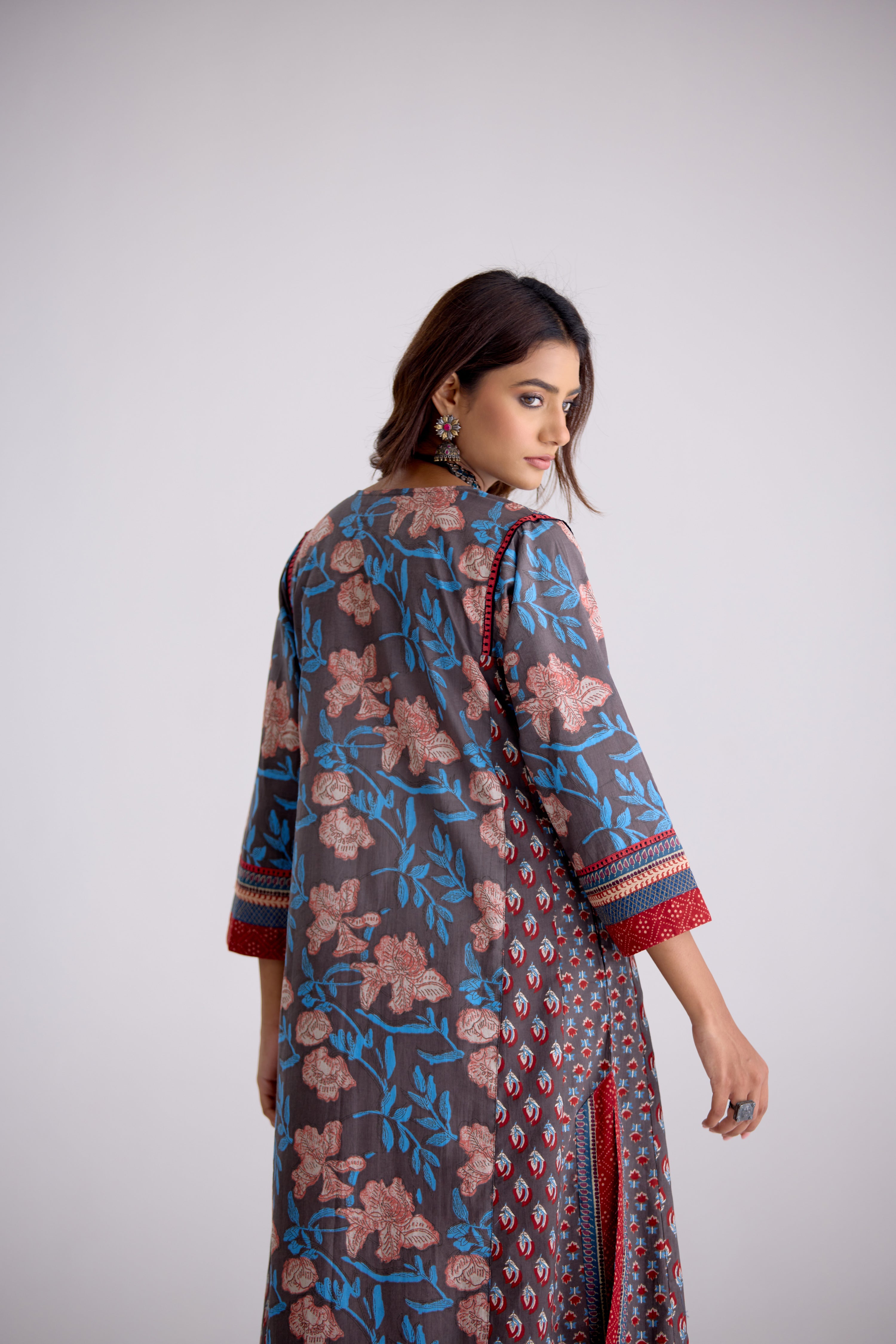 Adya Cotton Hand Block Printed Kurta Grey Maroon (10104461754667)