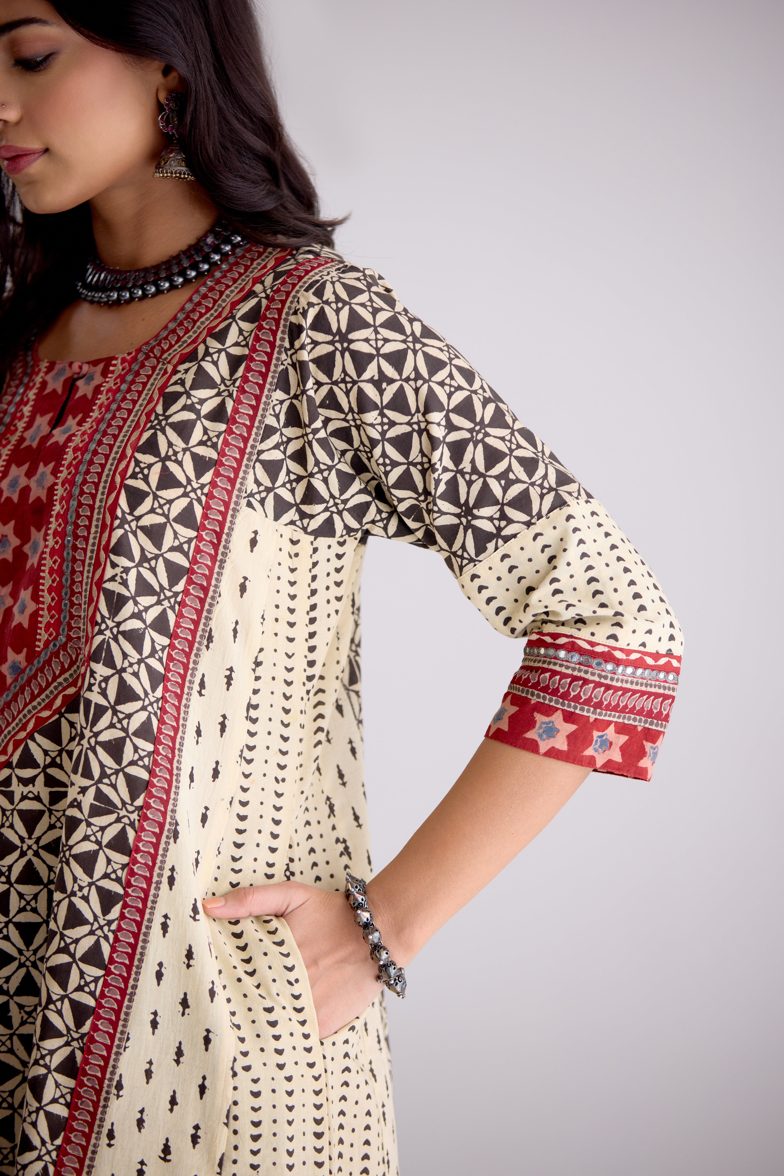 Adya Cotton Hand Block Printed Kurta Black Beige (10104262754603)