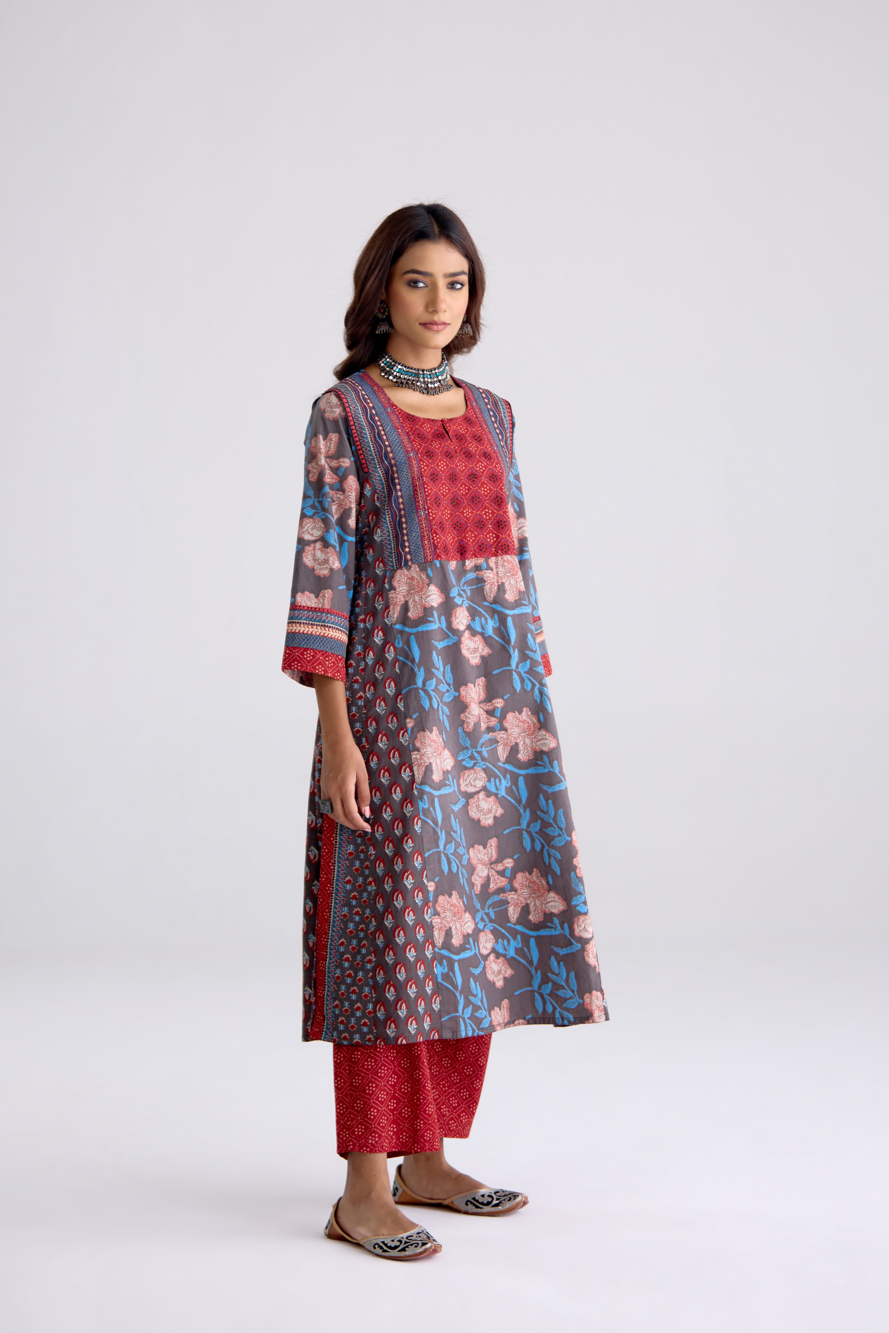Adya Cotton Hand Block Printed Kurta Grey Maroon (10104461754667)